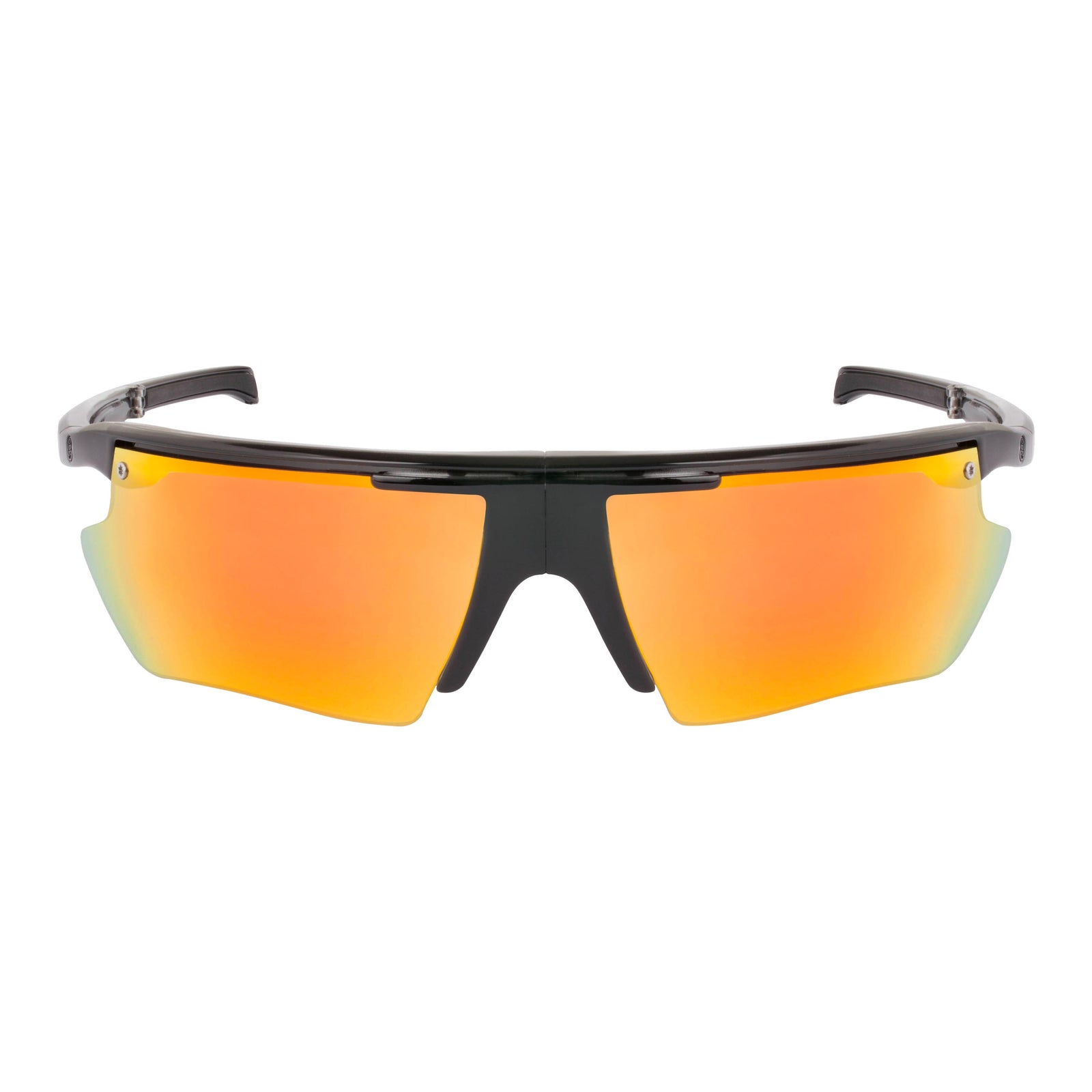 Popticals, Premium Compact Sunglasses, PopEdge, 040091-BLON, Polarized Sunglasses, Gloss Black over Crystal Frame, Gray Lenses with Orange Mirror Finish, Front Tilt View