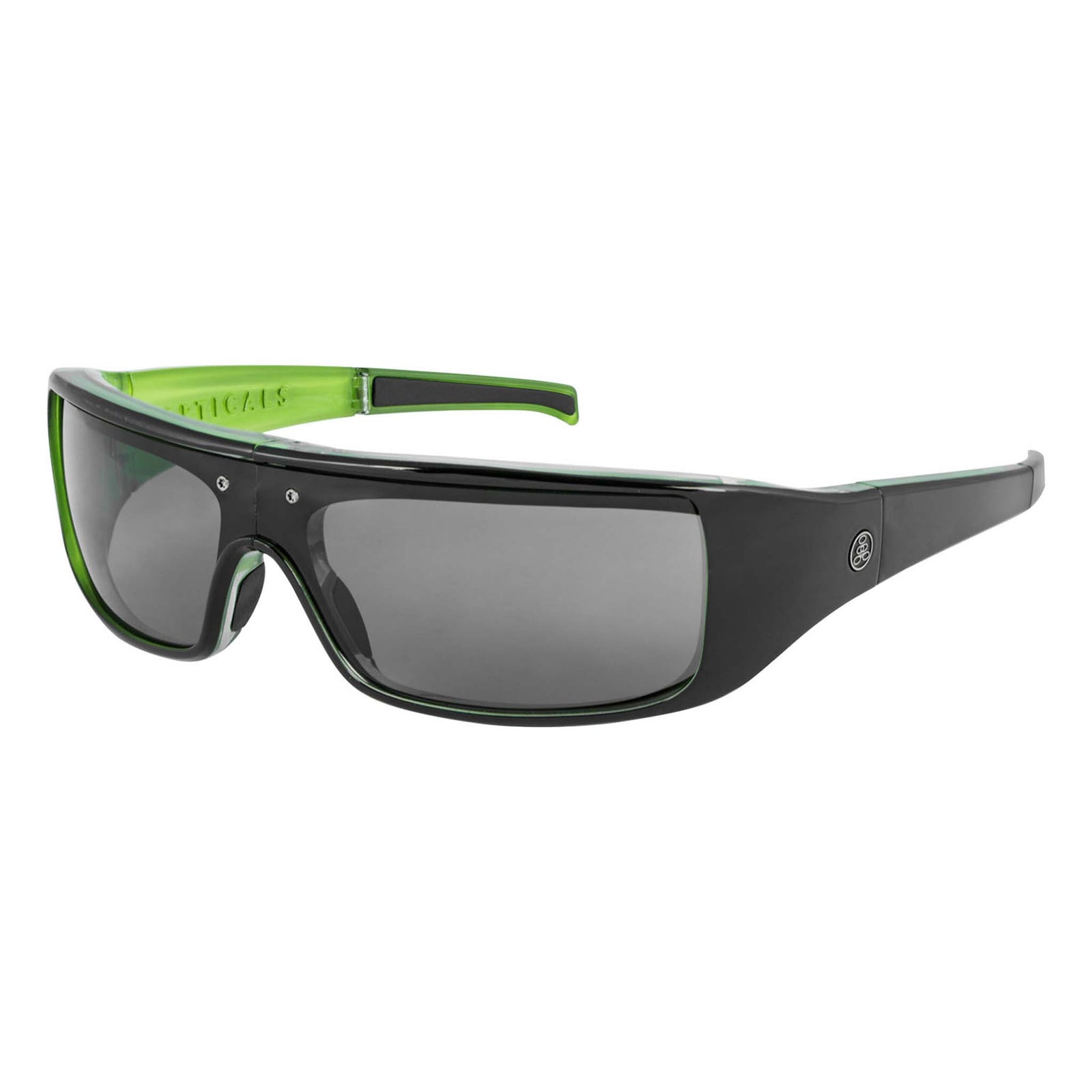 Popticals, Premium Compact Sunglasses, PopGear, 040050-GLGP, Polarized Sunglasses, Gloss Black over Green Crystal Frame , Gray Lenses, Glam View