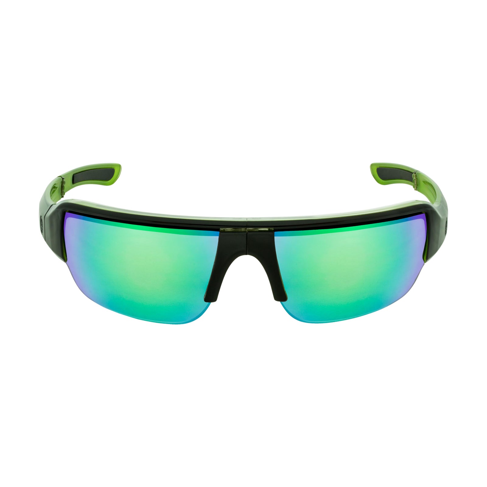 Popticals, Premium Compact Sunglasses, PopGun, 040010-GLEN, Polarized Sunglasses, Gloss Black over Green Crystal Frame, Gray Lenses w/Green Mirror Finish, Front View