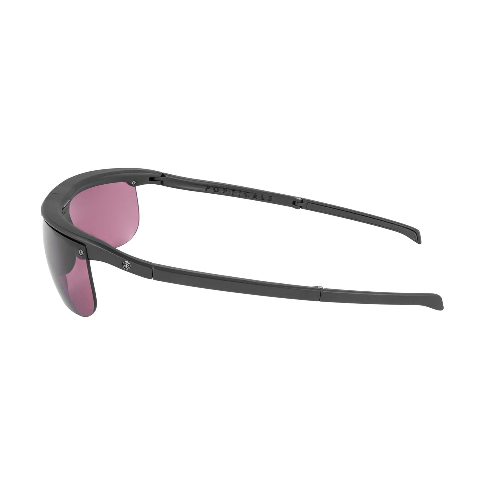 Popticals, Premium Compact Sunglasses, PopArt, 200030-BMPS, Standard Golf Sunglasses, Matte Black Frame, Purple Golf Lenses, Side View