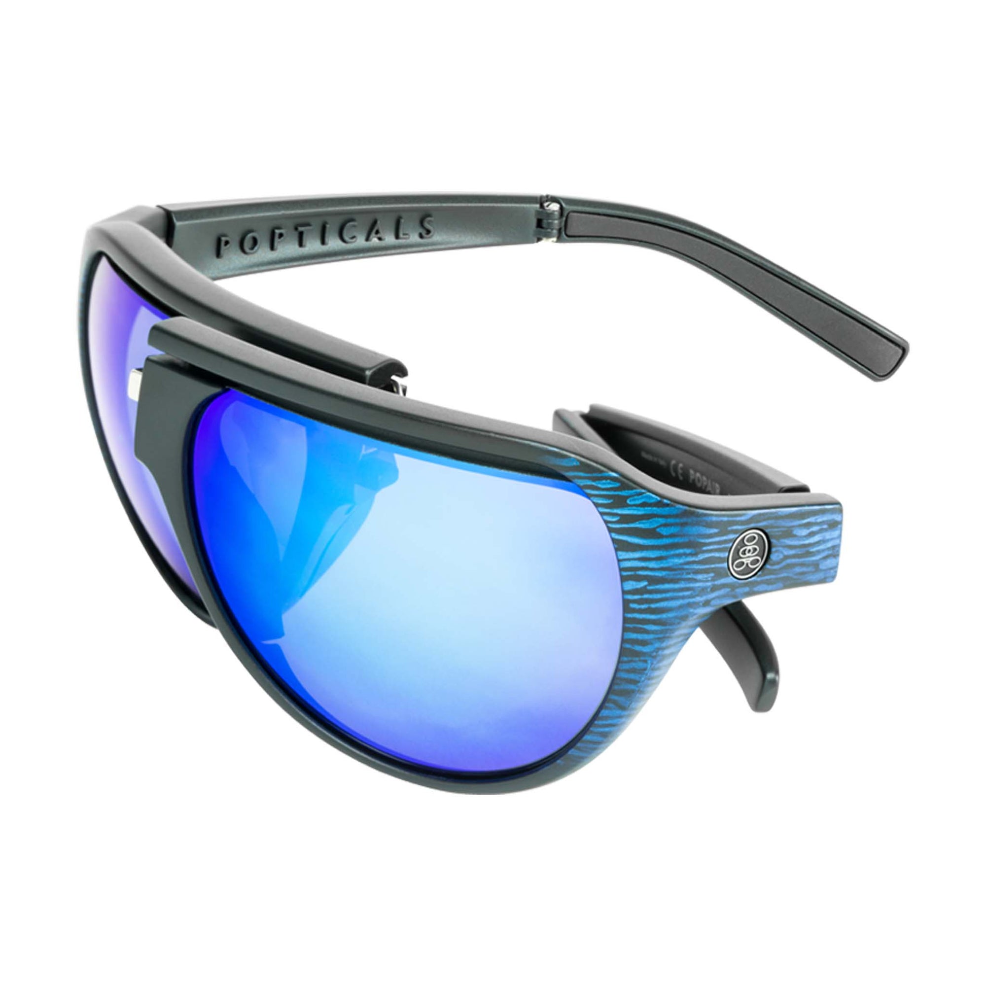 Popticals, Premium Compact Sunglasses, PopAir, 300010-EUUN, Polarized Sunglasses, Matte Blue/Black Wood Grain Frame, Blue Mirror Lenses, Glam View