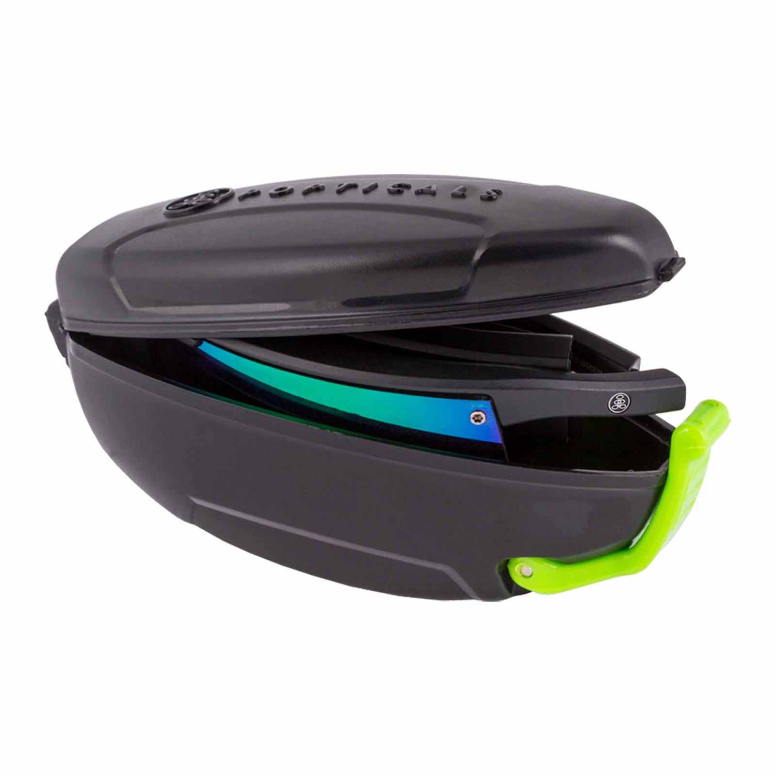 Popticals, Premium Compact Sunglasses, PopArt, 010030-BMEN, Polarized Sunglasses, Matte Black Frame, Gray Lenses with Green Mirror Finish, Case View