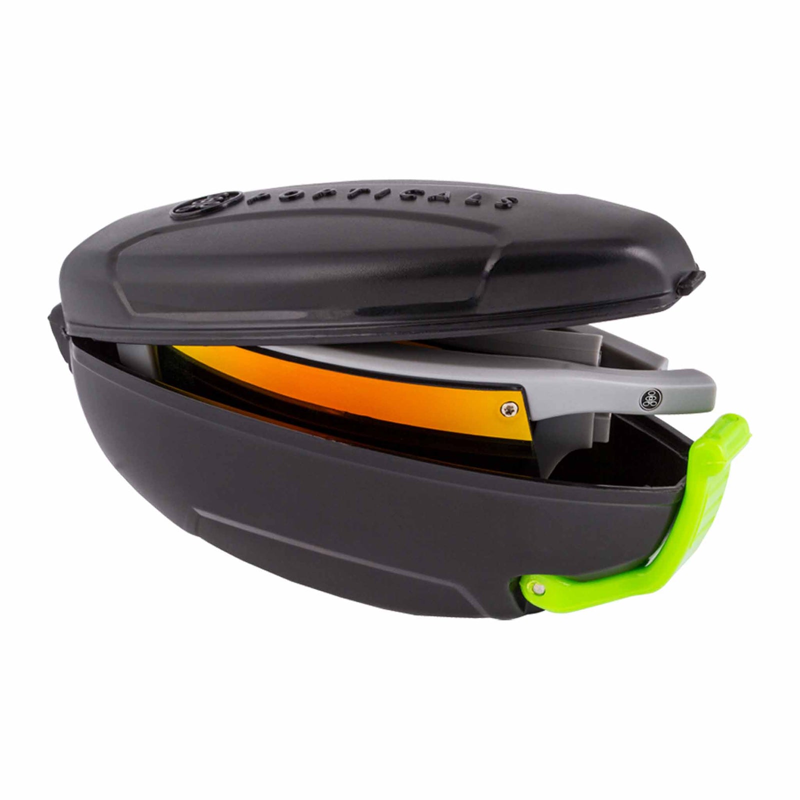 Popticals, Premium Compact Sunglasses, PopArt, 010030-GMON, Polarized Sunglasses, Matte Gray Frame, Gray Lenses with Orange Mirror Finish, Case View