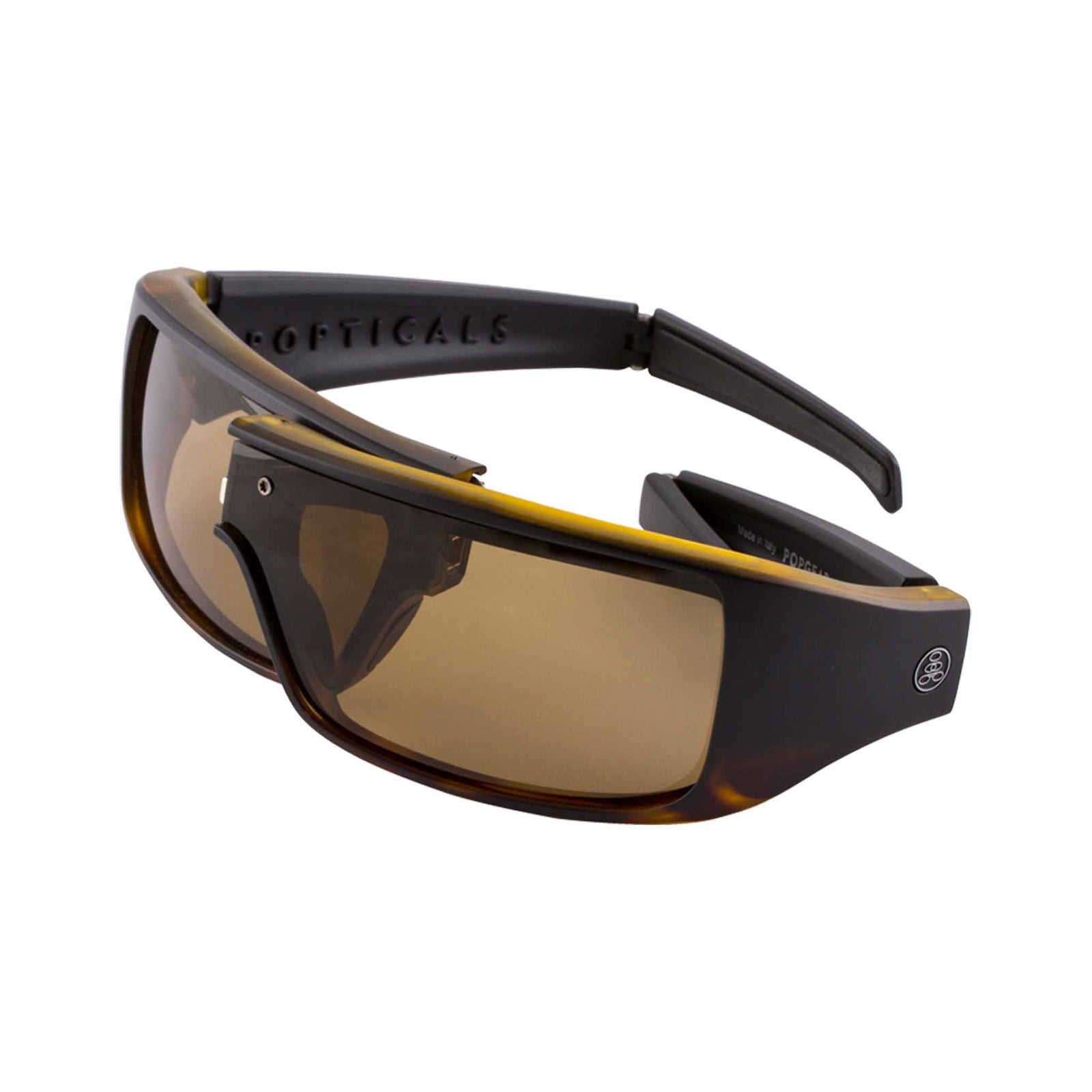 POPGEAR sunglasses with matte black tortoise design and brown lenses displayed
