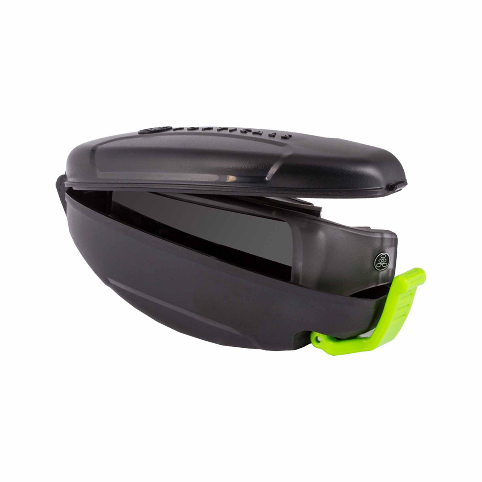 Black and green protective case for sunglasses with matching handle