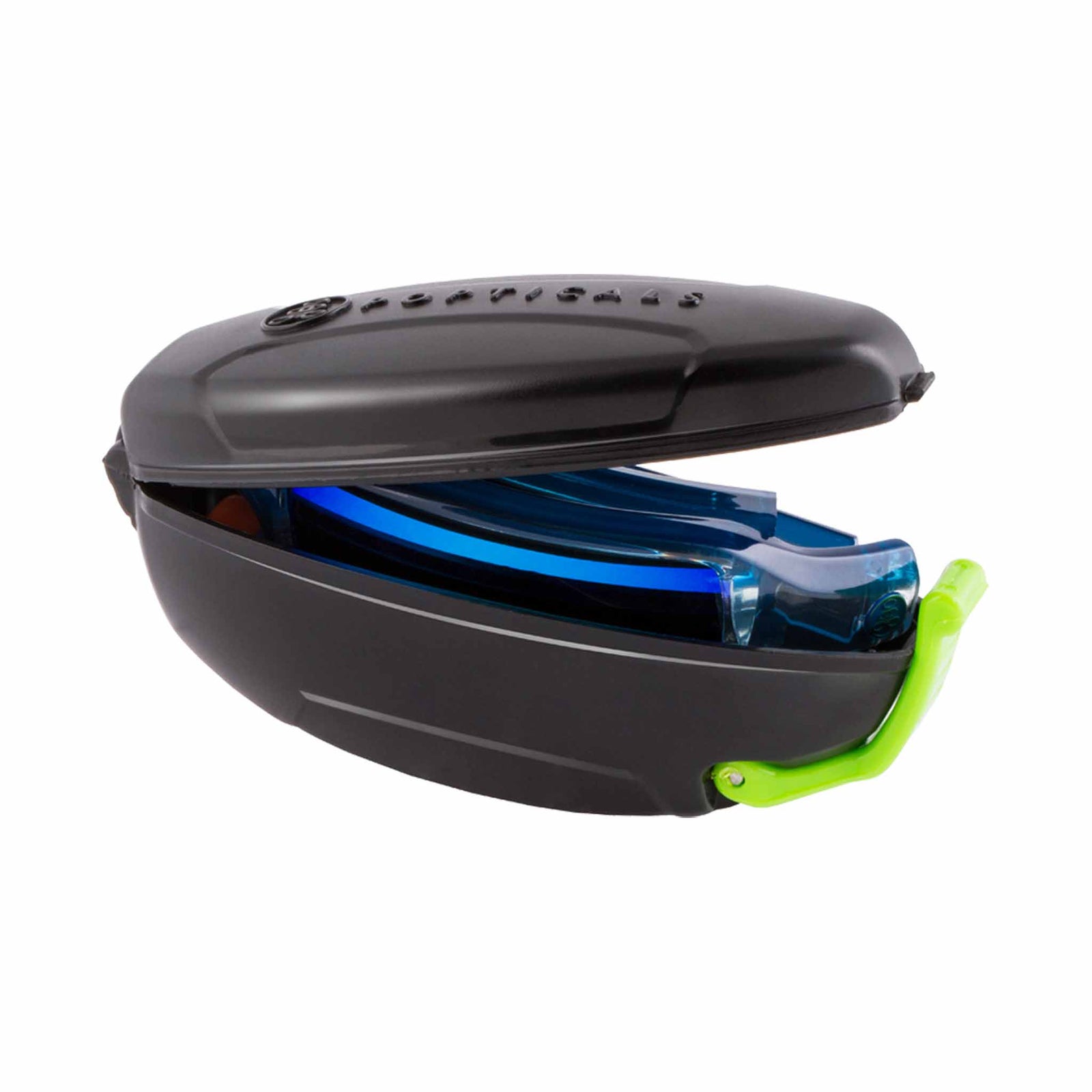 Popticals, Premium Compact Sunglasses, PopGun, 030010-BFUN, Polarized Sunglasses, Gloss Blue/Clear Crystal Frame, Gray Lenses w/Blue Mirror Finish, Case View