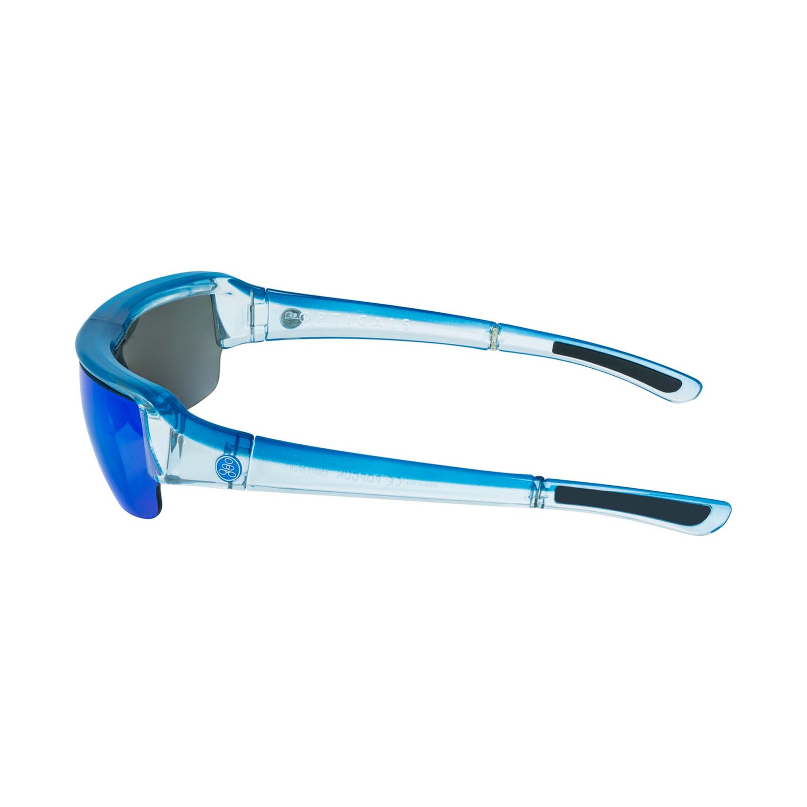 Popticals, Premium Compact Sunglasses, PopGun, 030010-BFUN, Polarized Sunglasses, Gloss Blue/Clear Crystal Frame, Gray Lenses w/Blue Mirror Finish, Side View