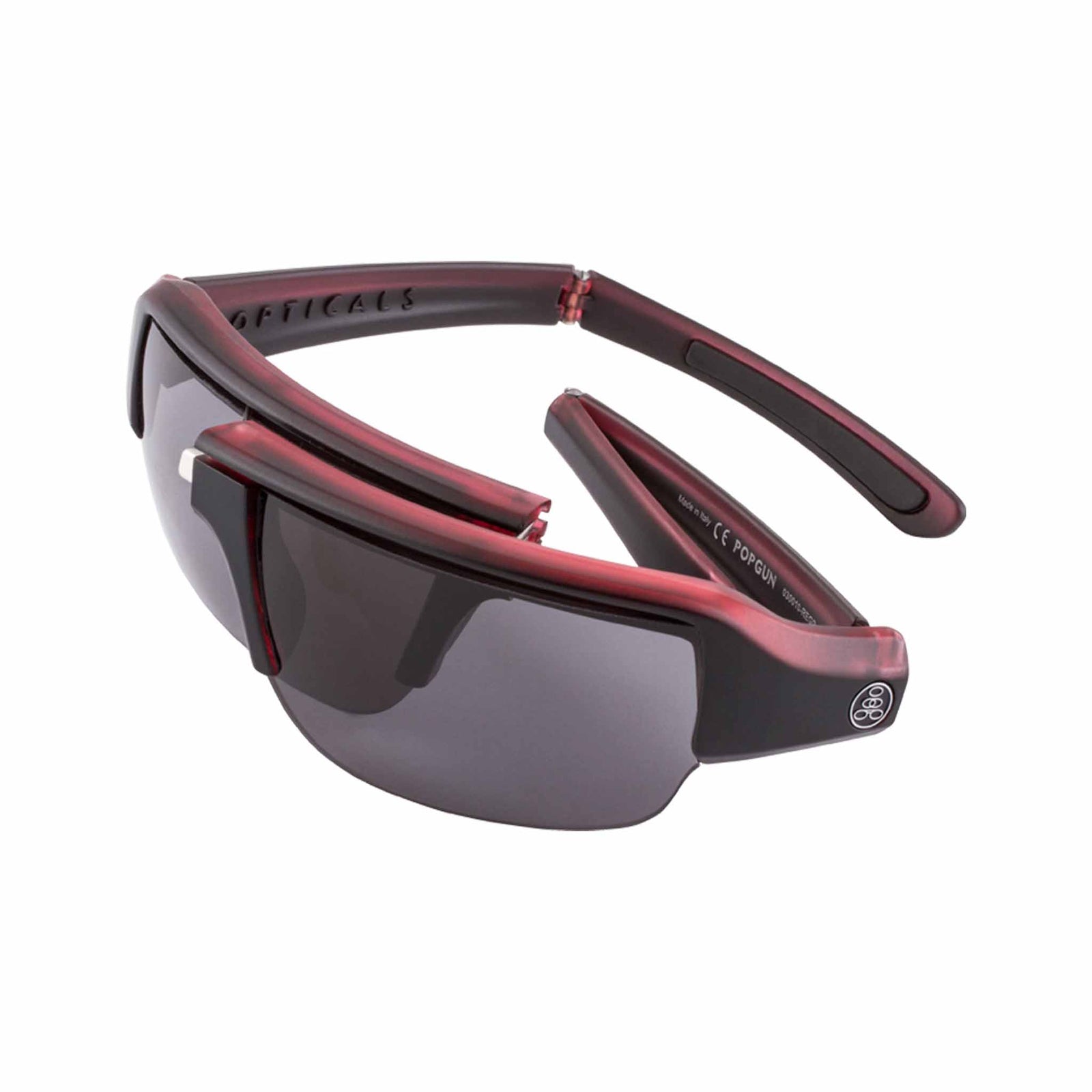 Popticals, Premium Compact Sunglasses, PopGun, 030010-REGP, Polarized Sunglasses, Matte Red/Black Crystal Frame, Gray Lenses, Spider View