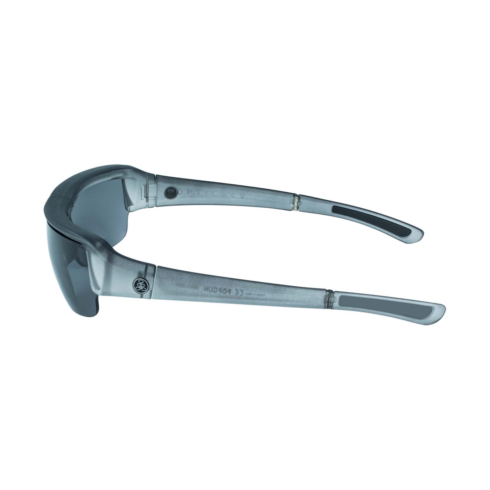 Popticals, Premium Compact Sunglasses, PopGun, 030010-SEGP, Polarized Sunglasses, Matte Smoke/Clear Crystal Frame, Gray Lenses, Side View