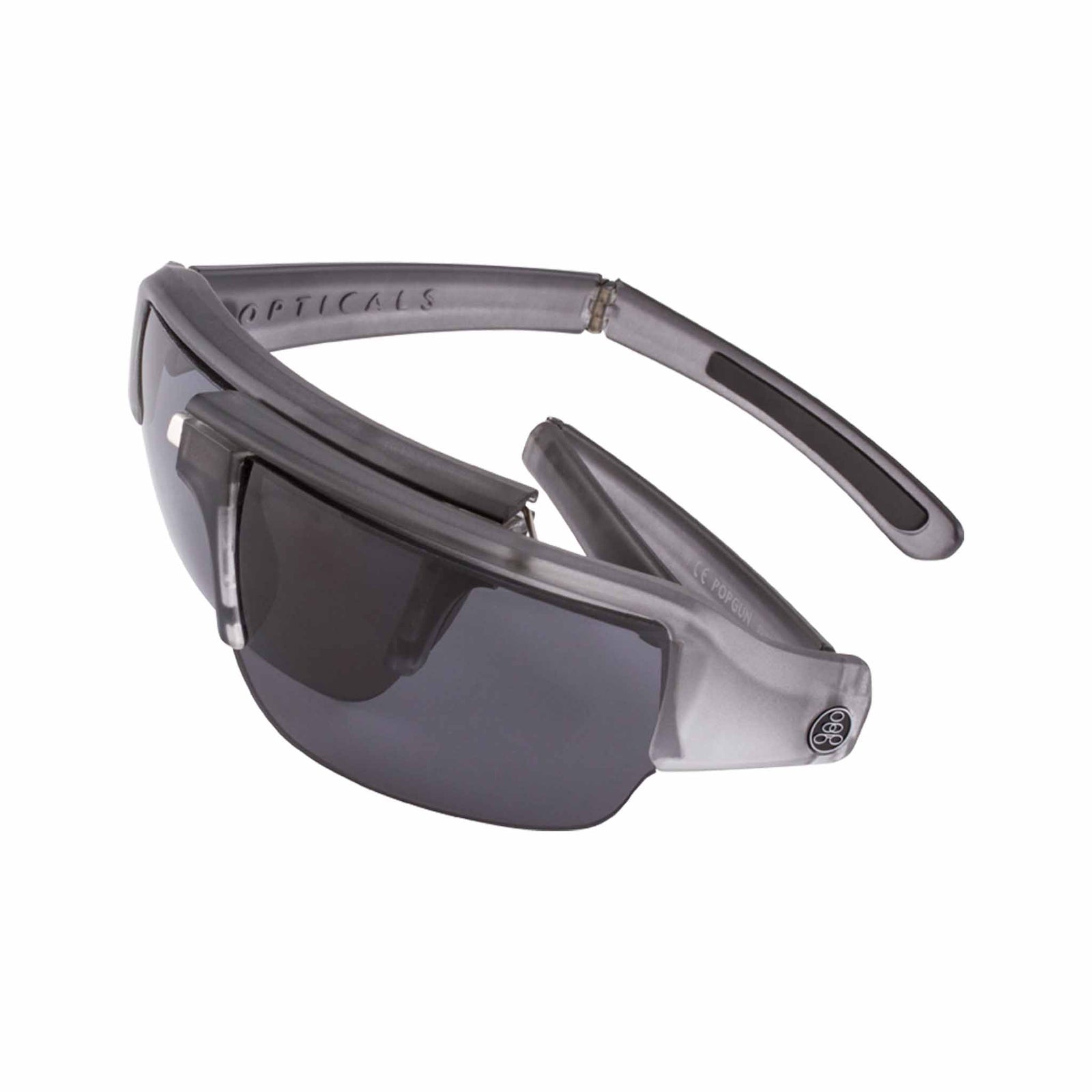 Popticals, Premium Compact Sunglasses, PopGun, 030010-SEGP, Polarized Sunglasses, Matte Smoke/Clear Crystal Frame, Gray Lenses, Spider View