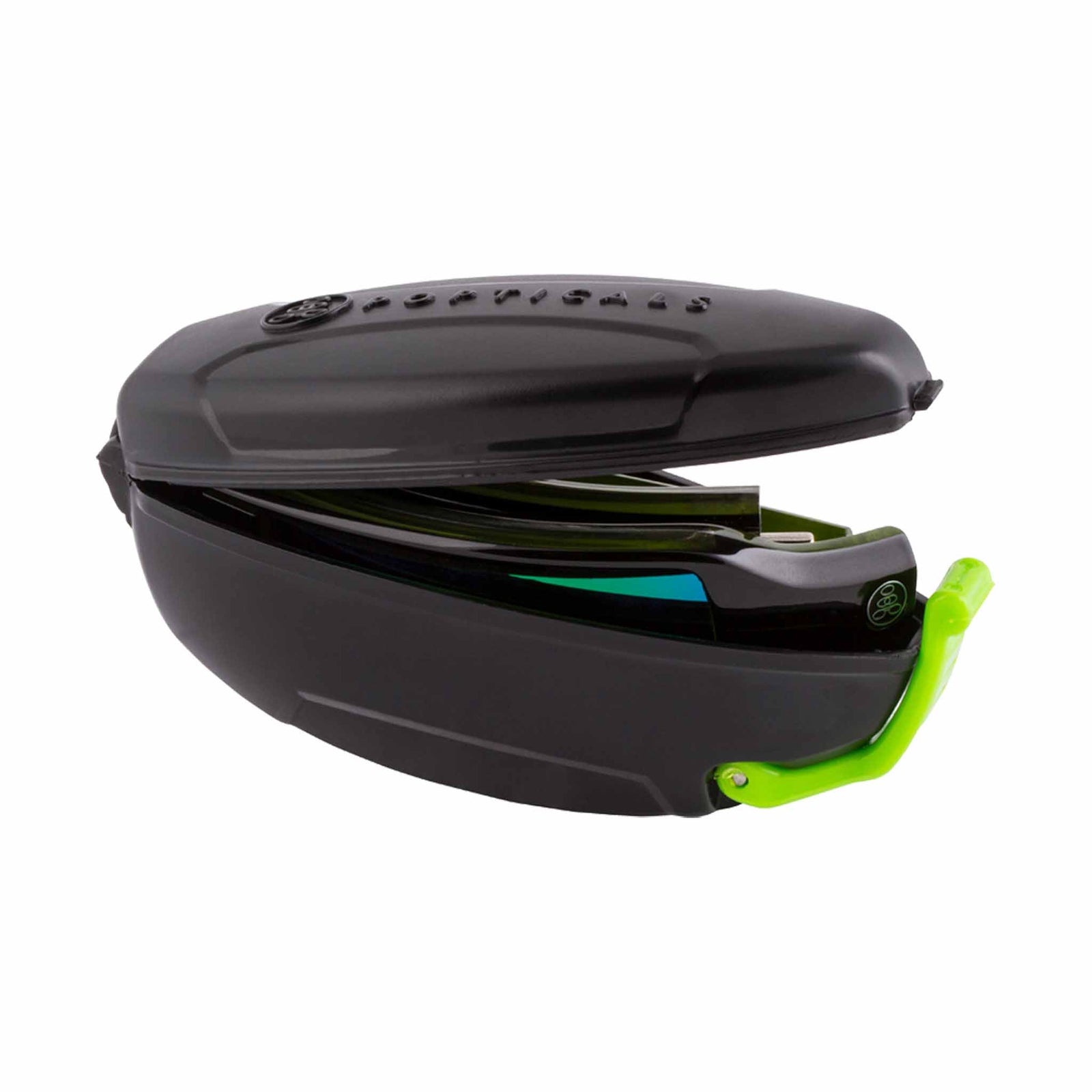 Popticals, Premium Compact Sunglasses, PopGun, 040010-GLEN, Polarized Sunglasses, Gloss Black over Green Crystal Frame, Gray Lenses w/Green Mirror Finish, Case View