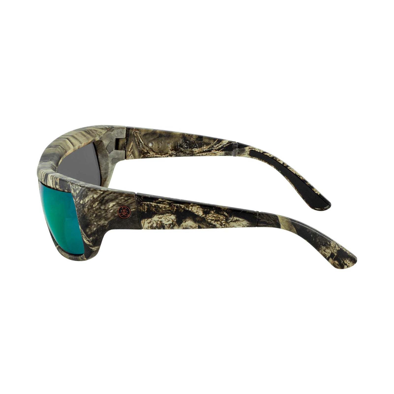 Popticals, Premium Compact Sunglasses, PopH2O, 010070-MCEN, Polarized Sunglasses, Matte Mossy Oak Break-Up Frame, Gray Lenses w/Green Mirror Finish, Side View