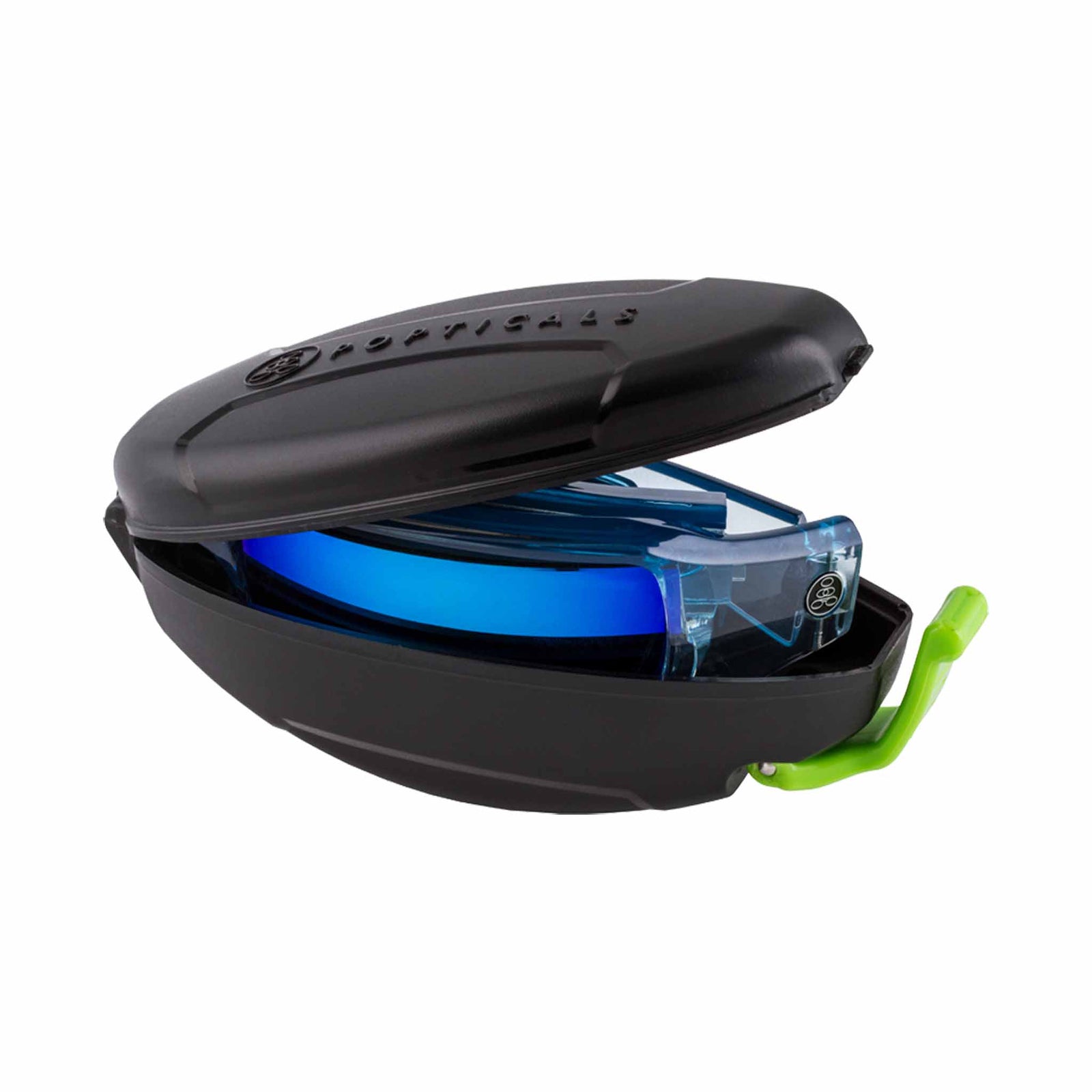 Popticals, Premium Compact Sunglasses, PopSign, 030020-BFUN, Polarized Sunglasses, Gloss Blue/Clear Crystal Frame, Gray Lenses w/Blue Mirror Finish, Case View