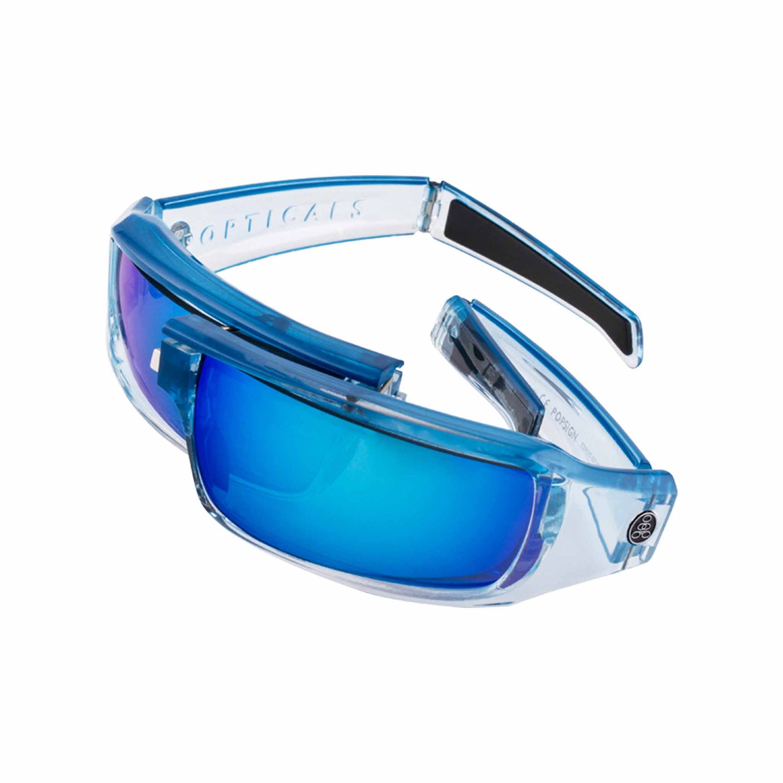 Popticals, Premium Compact Sunglasses, PopSign, 030020-BFUN, Polarized Sunglasses, Gloss Blue/Clear Crystal Frame, Gray Lenses w/Blue Mirror Finish, Spider View