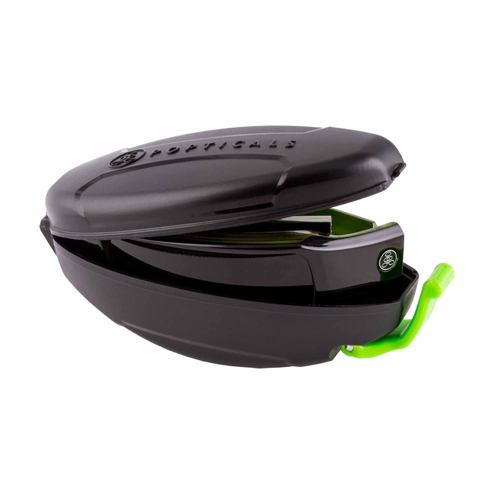 Popticals, Premium Compact Sunglasses, PopSign, 040020-GLGP, Polarized Sunglasses, Gloss Black over Green Crystal Frame, Gray Lenses, Case View