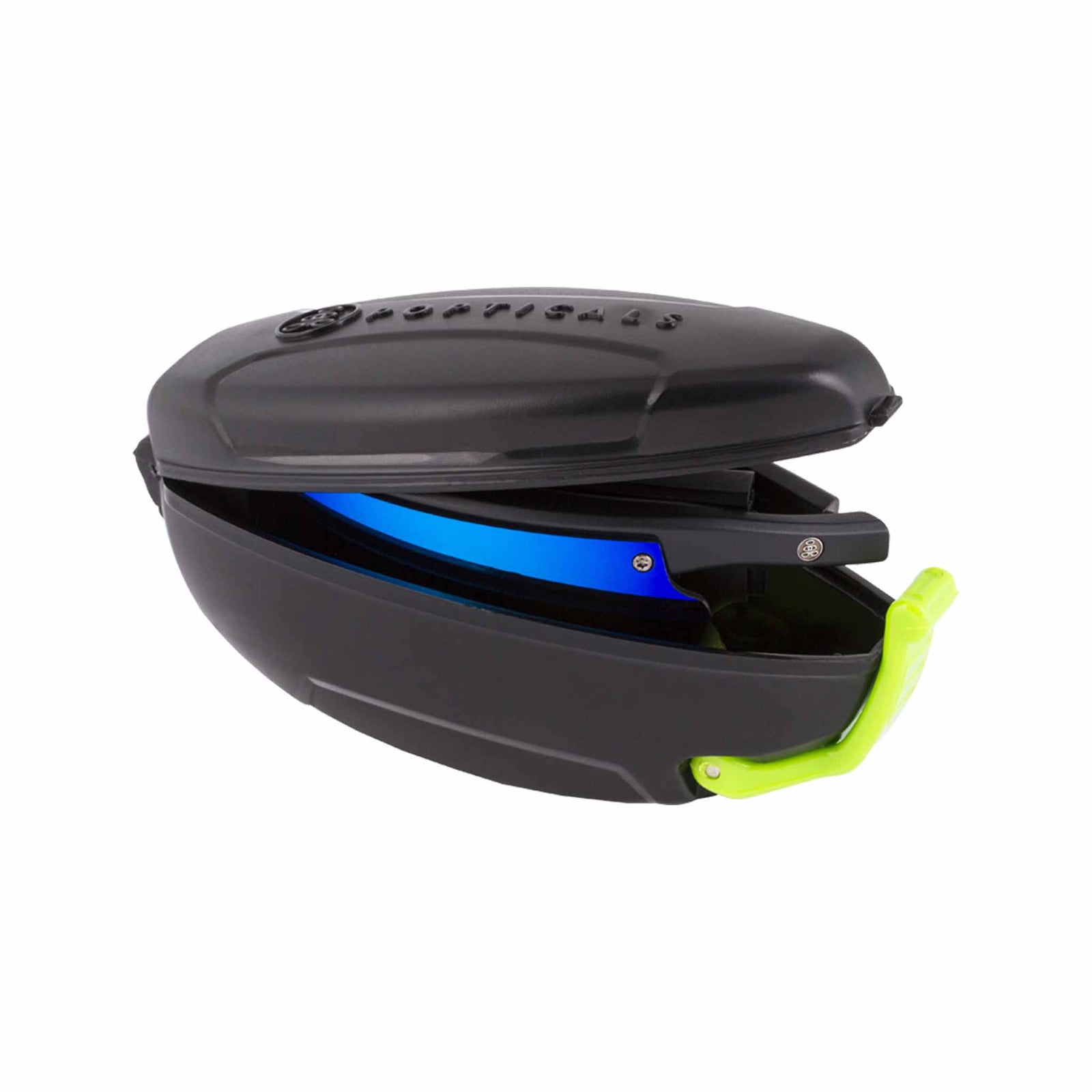 Popticals, Premium Compact Sunglasses, PopStar, 010040-BMUN, Polarized Sunglasses, Matte Black Frame, Gray Lenses w/Blue Mirror Finish, Case View