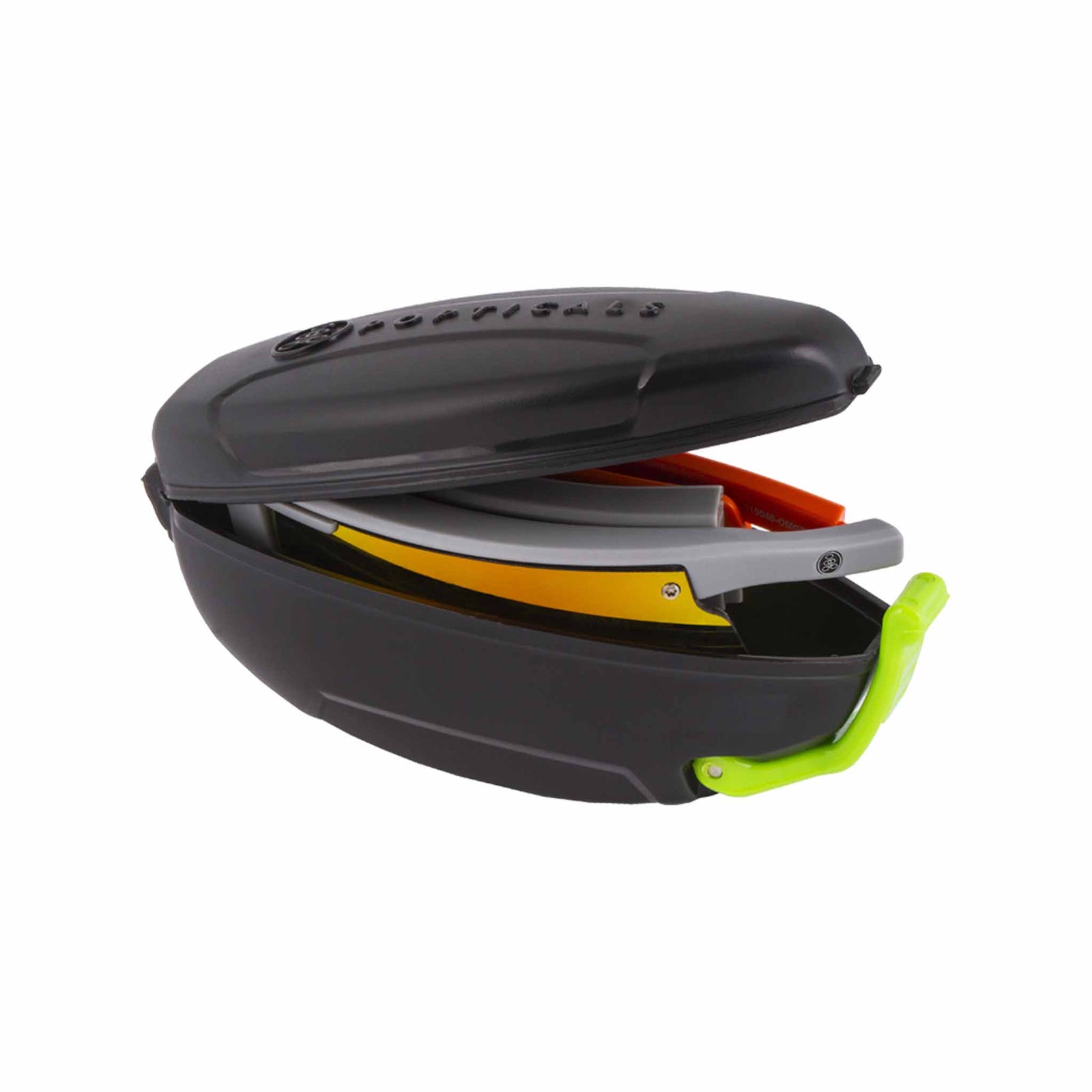 Popticals, Premium Compact Sunglasses, PopStar, 010040-OMGP, Polarized Sunglasses, Matte Gray/Orange Frame, Gray Lenses w/Orange Mirror Finish, Case View