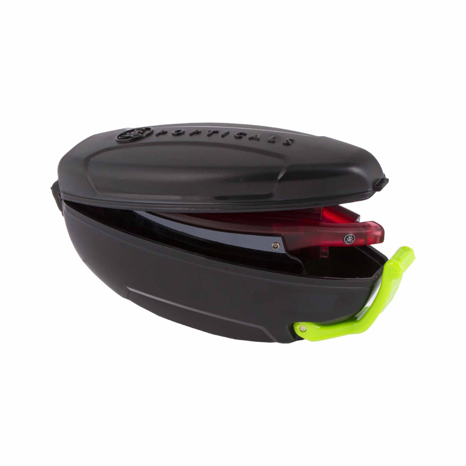 Popticals, Premium Compact Sunglasses, PopStar, 010040-BMUN, Polarized Sunglasses, Matte Black Frame, Gray Lenses w/Blue Mirror Finish, Case View