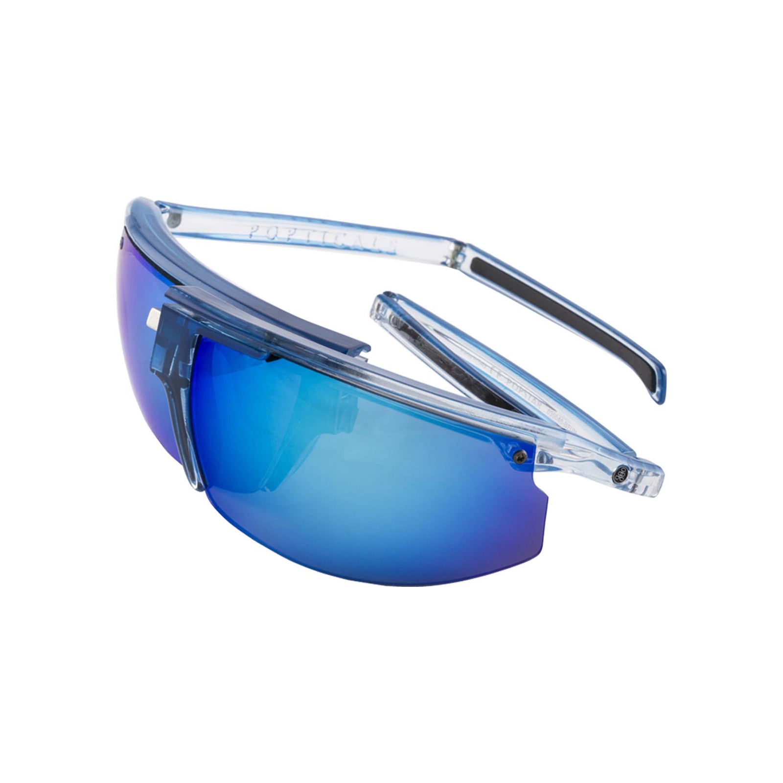 Popticals, Premium Compact Sunglasses, PopStar, 030040-BFUN, Polarized Sunglasses, Gloss Blue/Clear Crystal Frame, Gray Lenses w/Blue Mirror Finish, Spider View