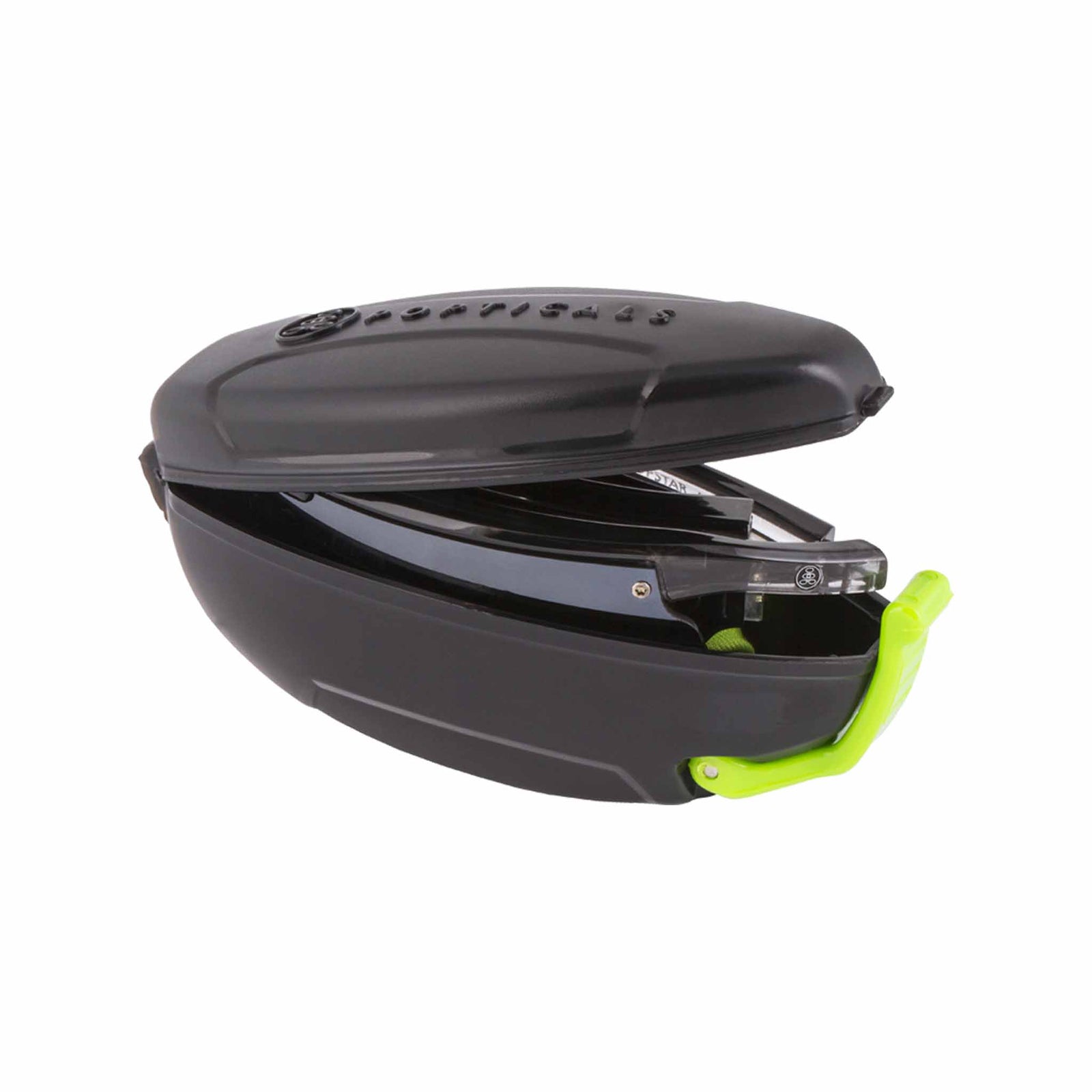 Popticals, Premium Compact Sunglasses, PopStar, 030040-SFLN, Polarized Sunglasses, Gloss Smoke/Clear Crystal Frame, Gray Lenses w/Silver Mirror Finish, Case View