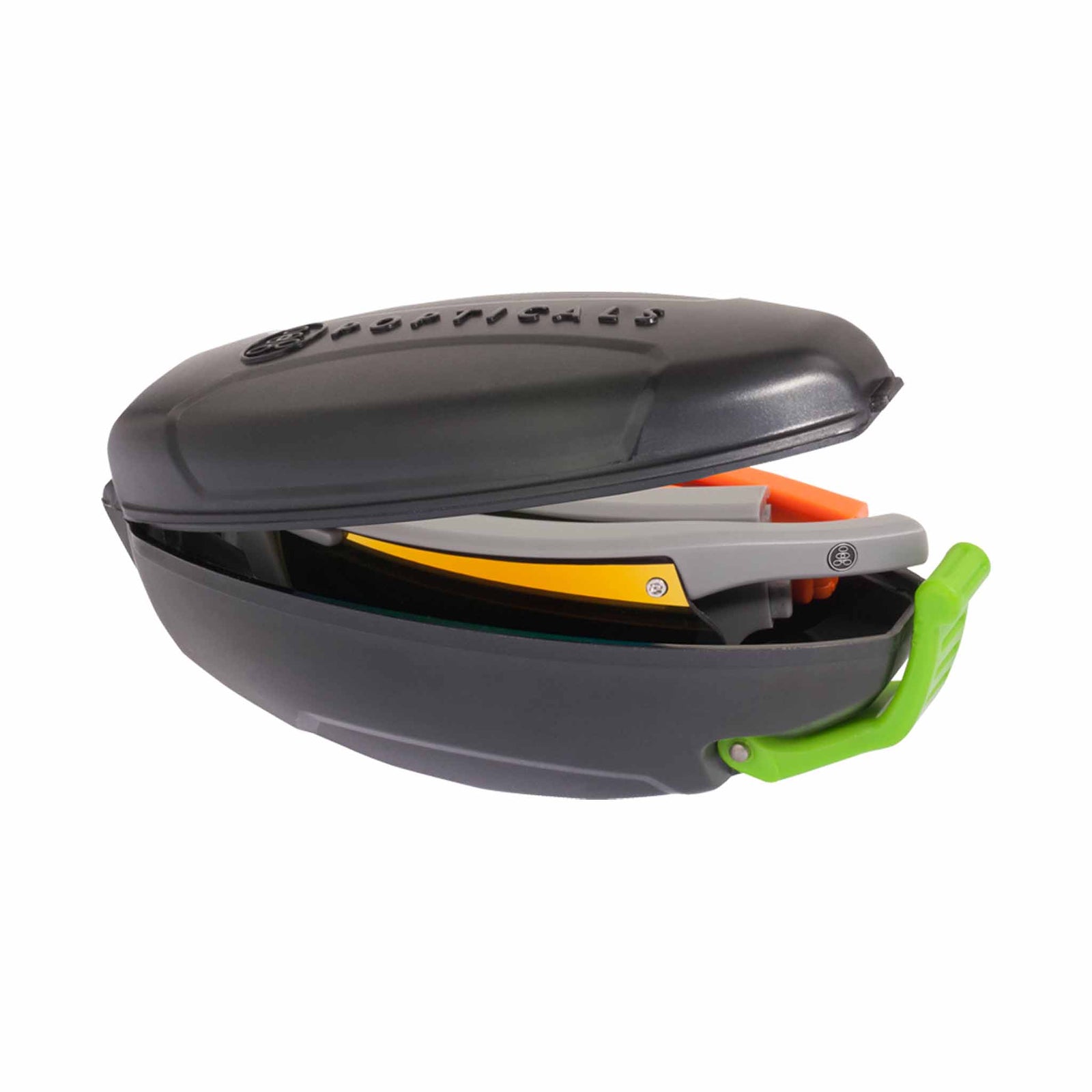 Popticals, Premium Compact Sunglasses, PopTrail, 010081-OMON, Polarized Sunglasses, Matte Gray/Orange Frame, Gray Lenses w/Orange Mirror Finish, Case View