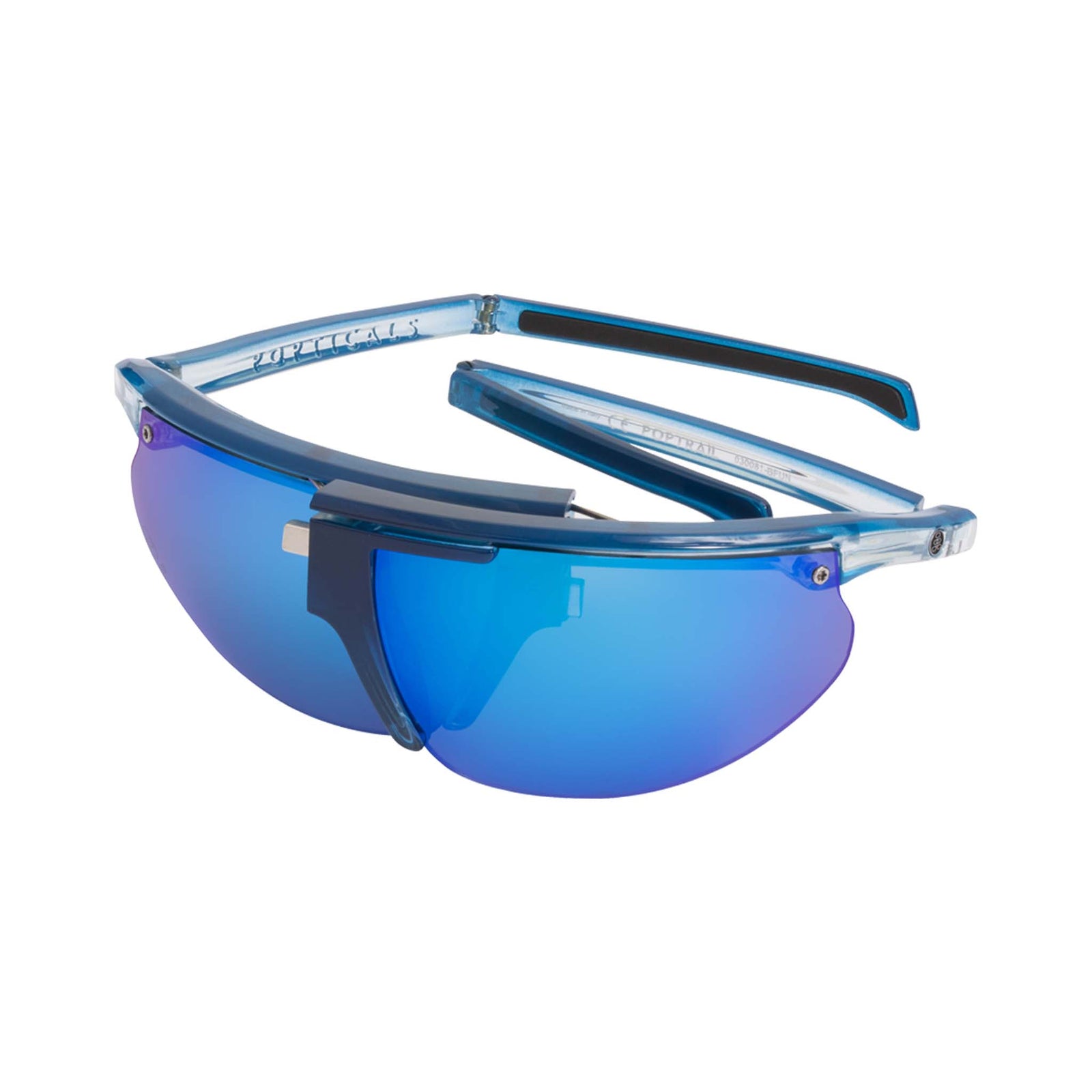 Popticals, Premium Compact Sunglasses, PopTrail, 030081-BFUN, Polarized Sunglasses, Gloss Blue over Crystal Frame, Gray Lenses w/Blue Mirror Finish, Spider View