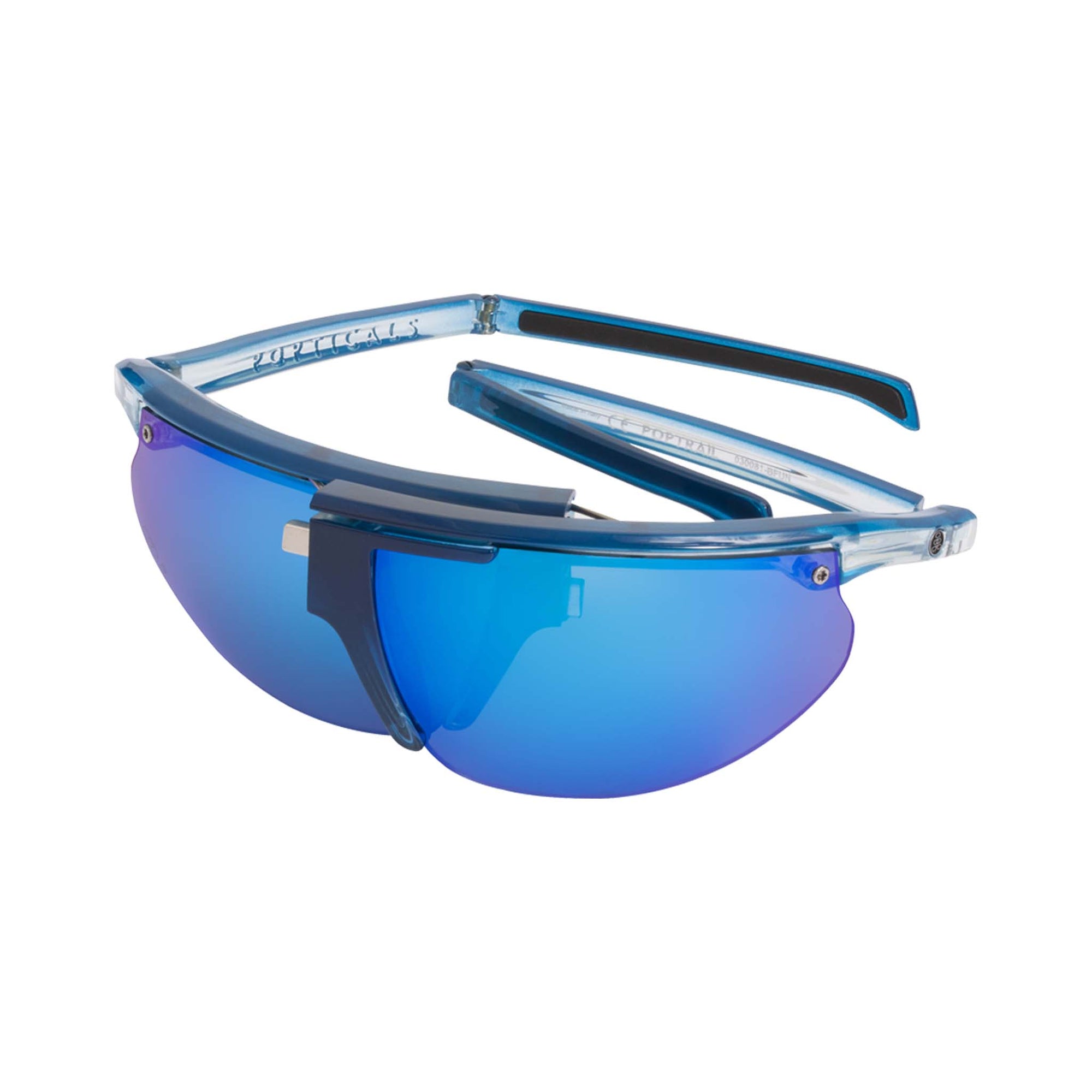 Popticals, Premium Compact Sunglasses, PopTrail, 030081-BFUN, Polarized Sunglasses, Gloss Blue over Crystal Frame, Gray Lenses w/Blue Mirror Finish, Glam View