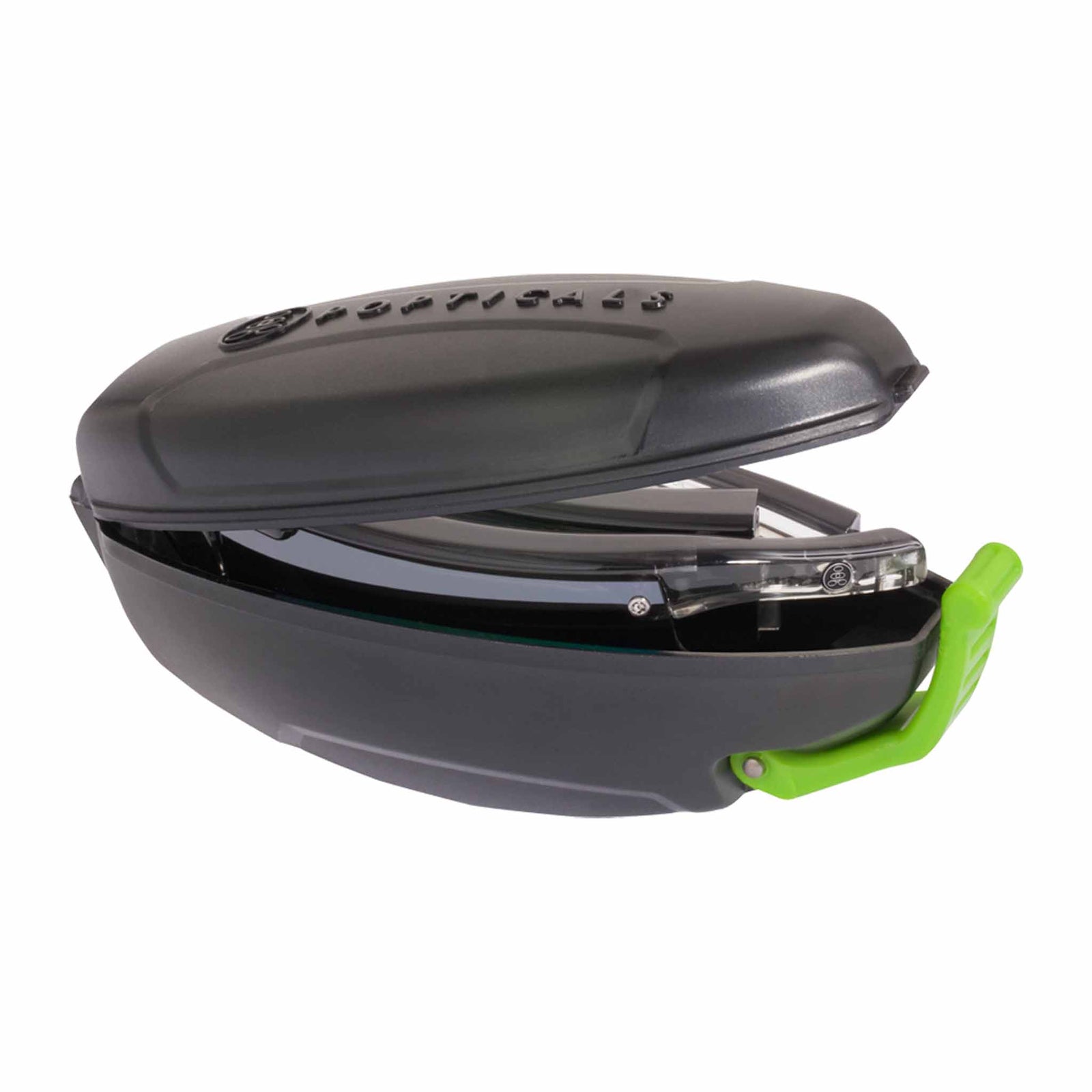 Popticals, Premium Compact Sunglasses, PopEdge, 010091-SFLN, Polarized Sunglasses, Gloss Smoke Frame, Gray Lenses with Silver Mirror Finish, Case View