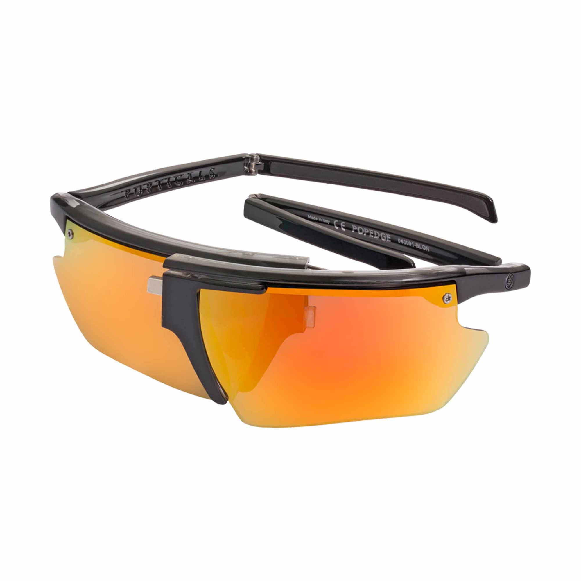 Popticals, Premium Compact Sunglasses, PopEdge, 040091-BLON, Polarized Sunglasses, Gloss Black over Crystal Frame, Gray Lenses with Orange Mirror Finish, Glam View