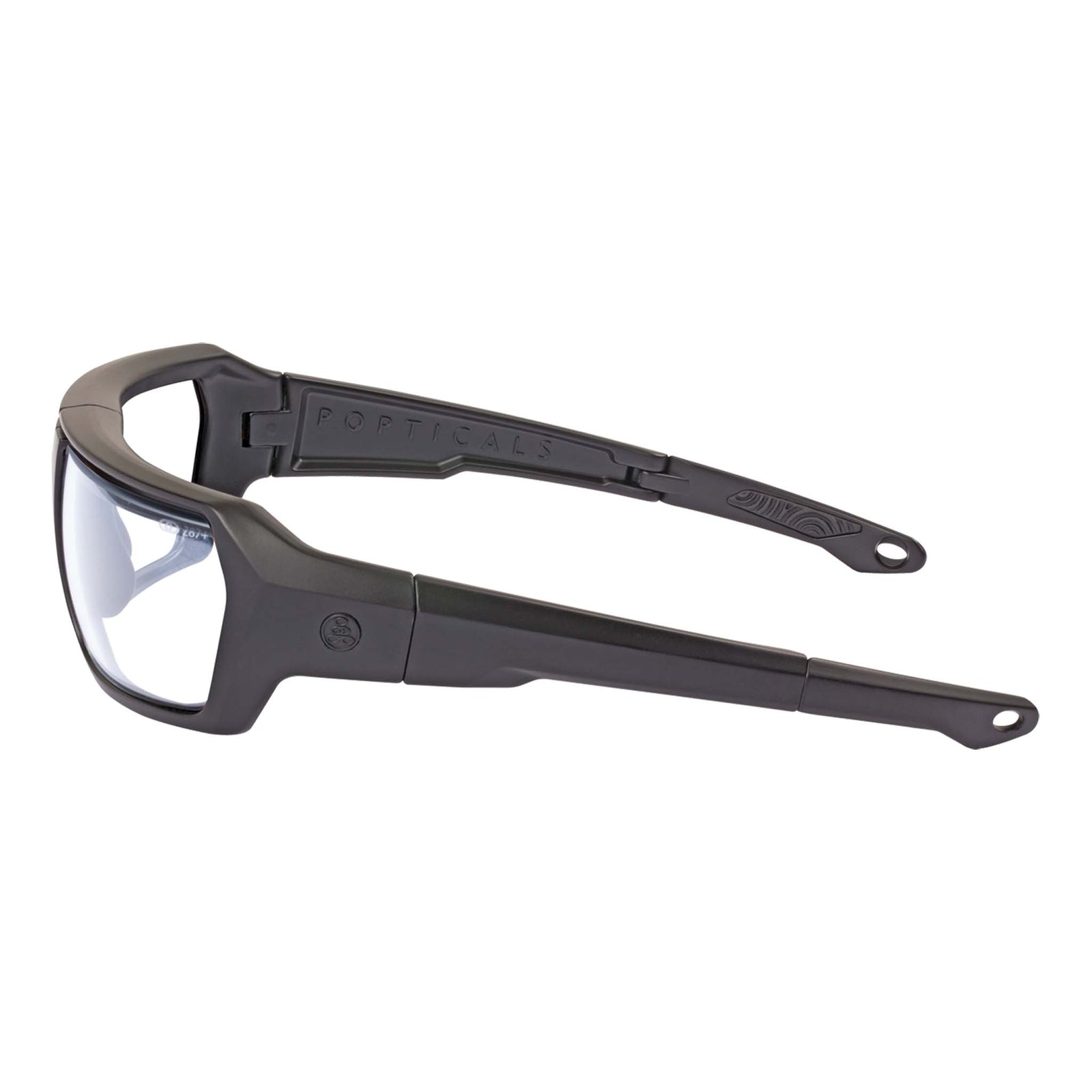 Popticals, Premium Compact Sunglasses, PopZulu, 600010-BMXZ, Standard Sunglasses, Matte Black Frame, Clear Opx Lenses, Side View