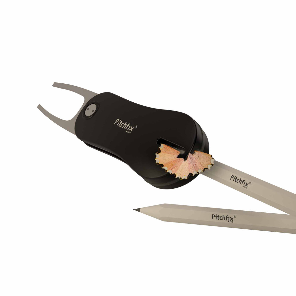 Pitchfix golf divot tool with a pencil on a white background