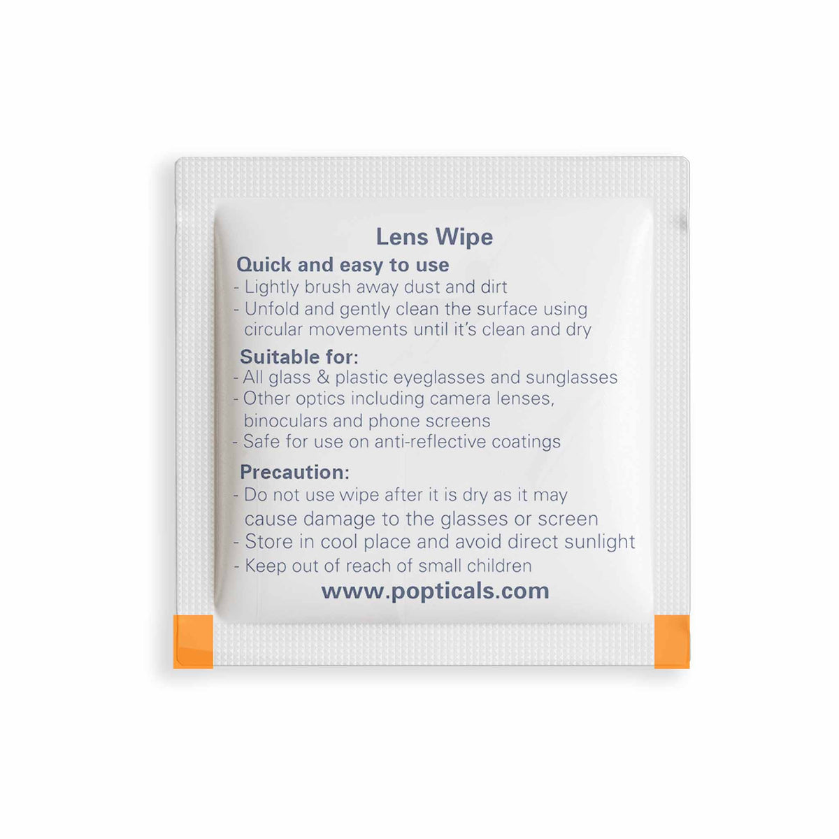 Directions and safety precautions for Popticals premium lens wipe.