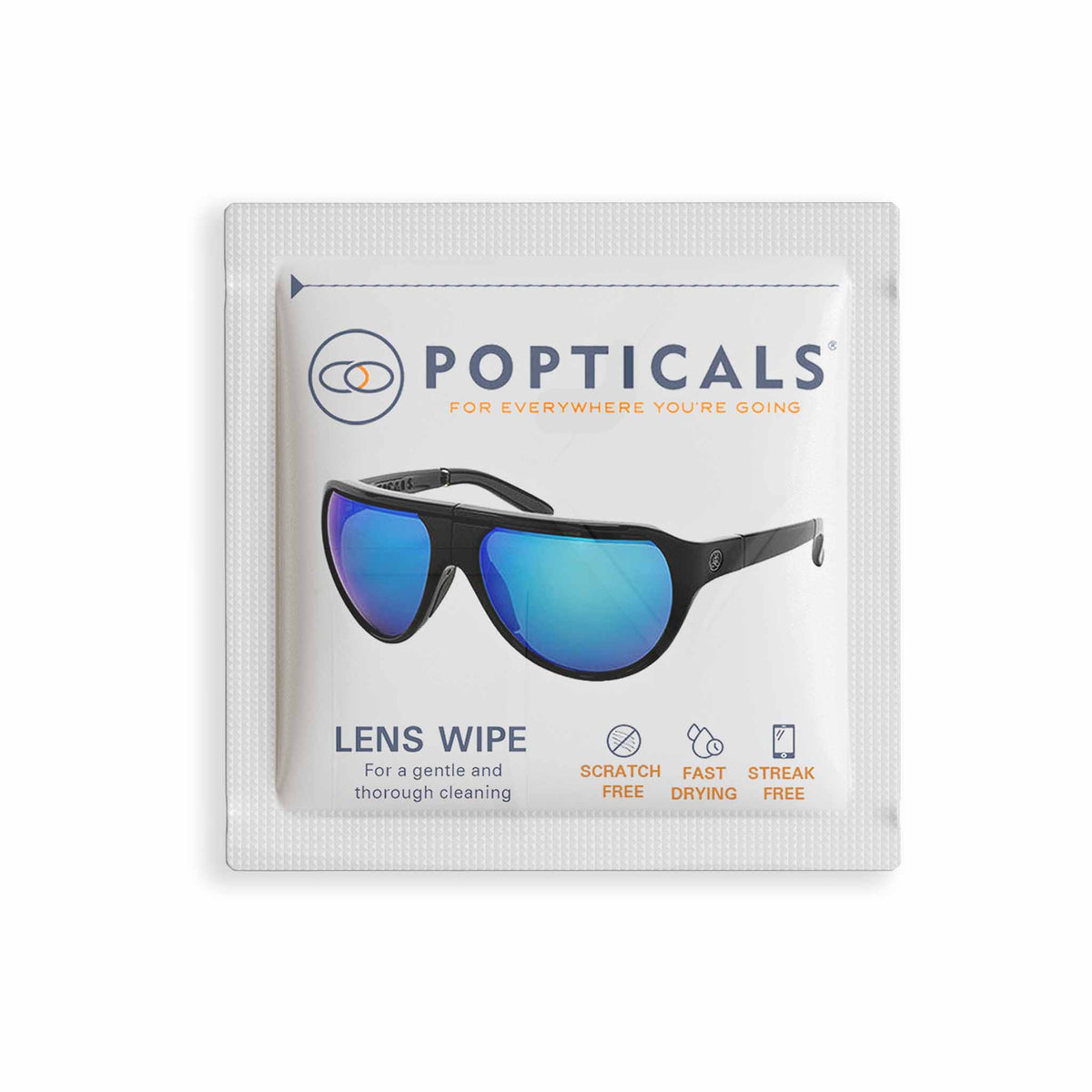 Individual Popticals pre-moistened lens cleaning wipe packet.