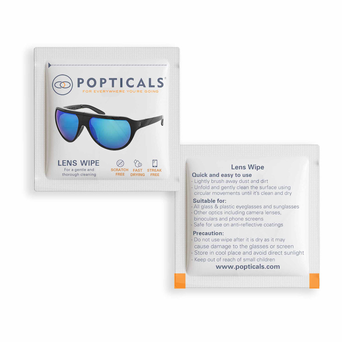 Pre-moistened Popticals lens wipe foil wrapper for TR90 and NYDEF protection.
