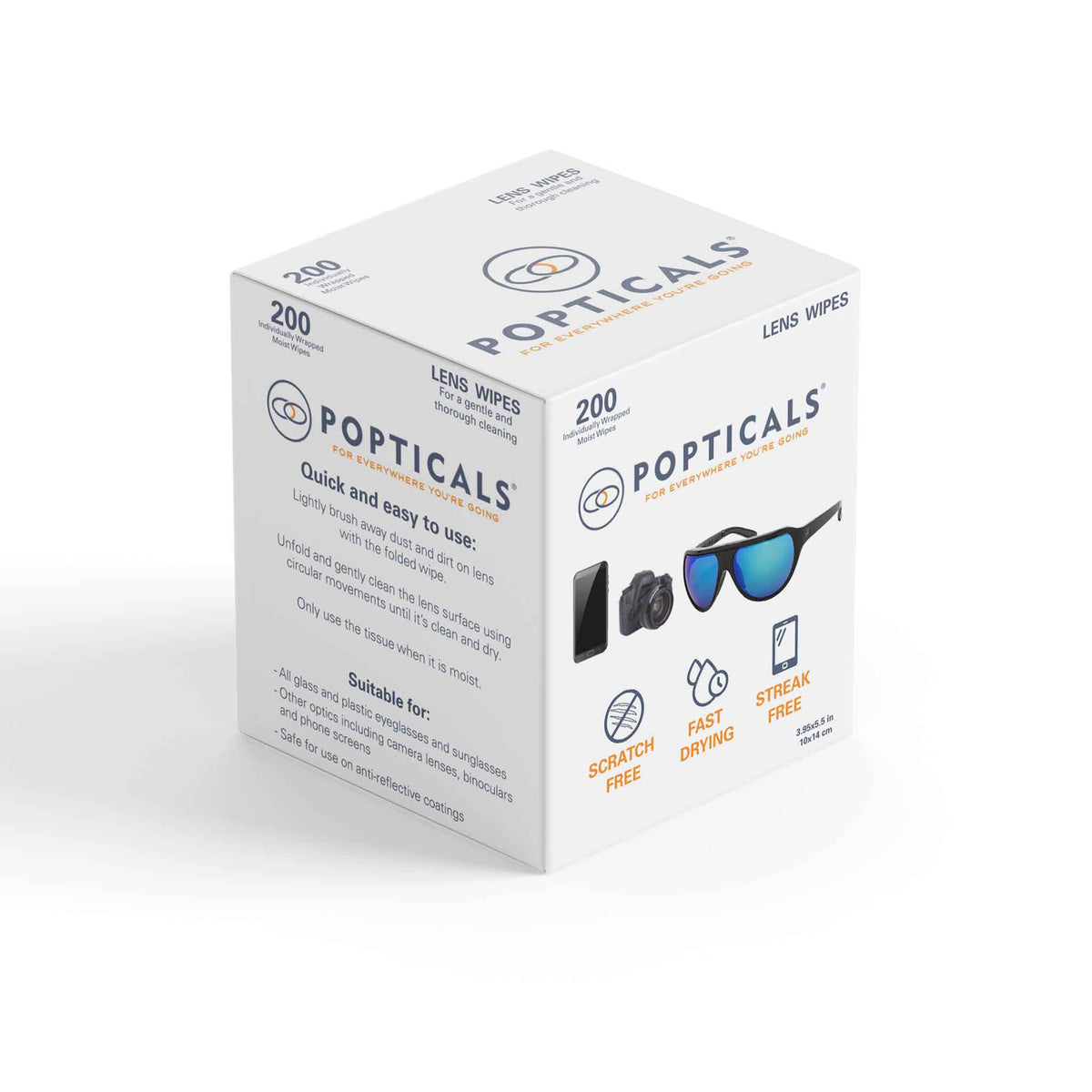 Popticals 200-count premium optical lens cleaning wipes box.