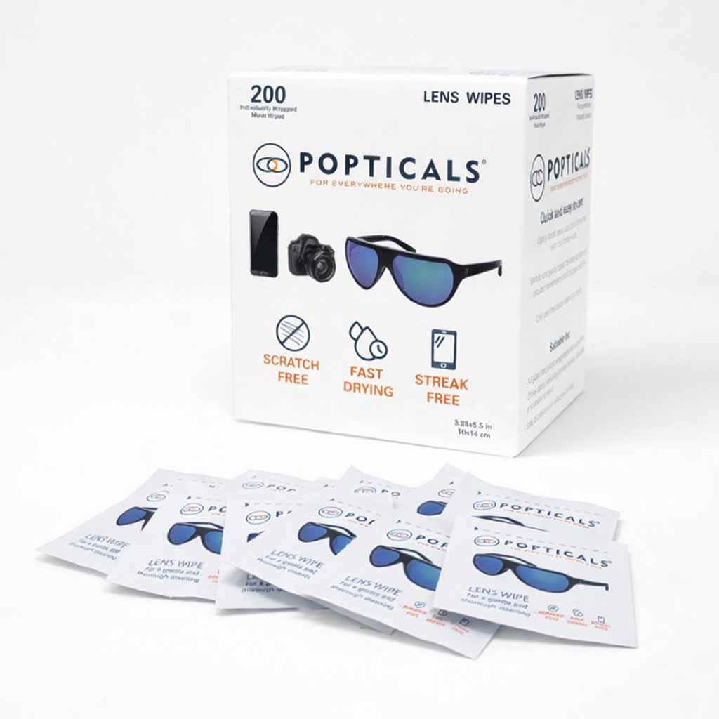 Large 200-count gear station box of Popticals streak-free lens wipes.