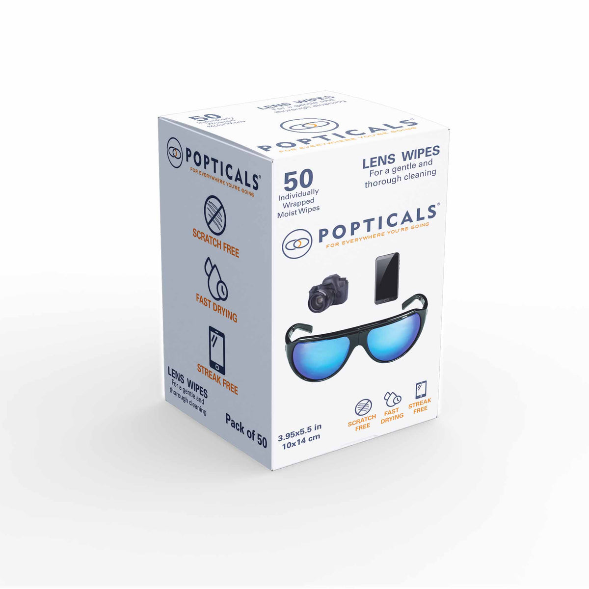 Popticals 50-count travel lens wipe box showing scratch-free and streak-free icons.