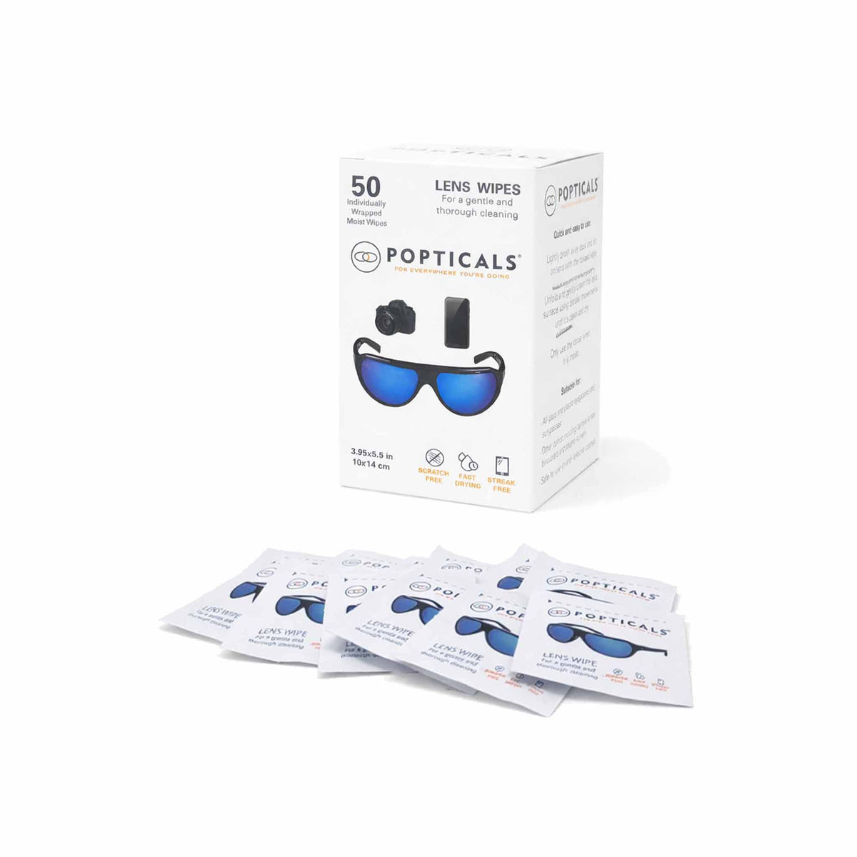 50-count box of Popticals premium ammonia-free lens wipes with individual packets.