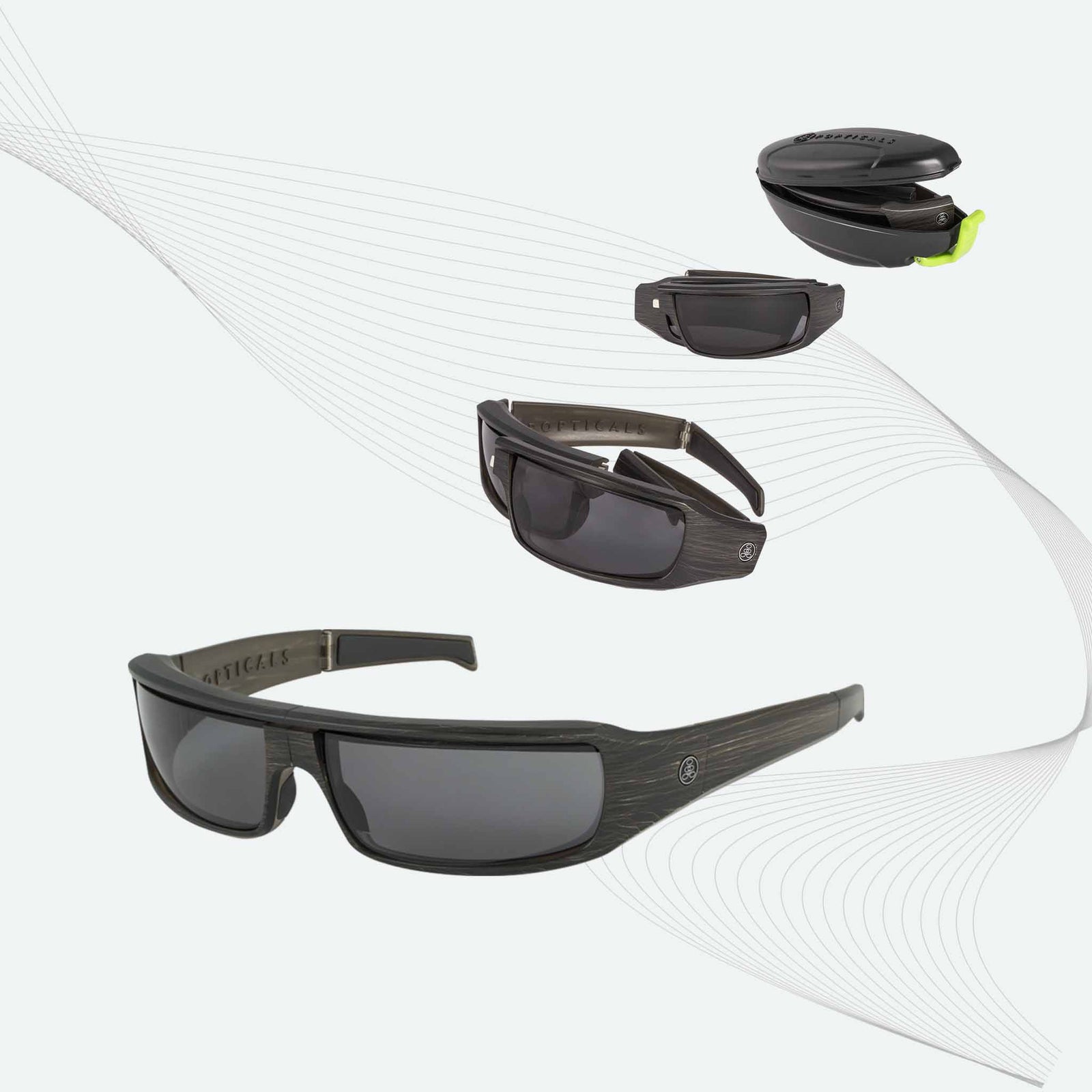 Popticals PopSign everyday sunglasses in Matte Black, transitioning from a full-frame silhouette to a compact footprint.