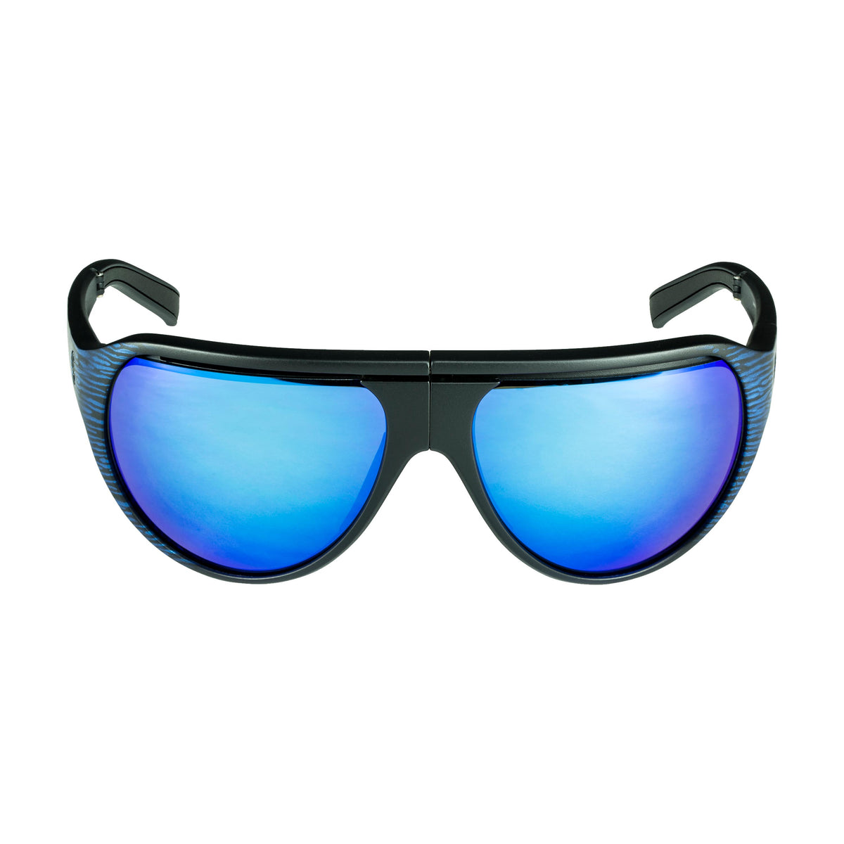 Popticals, Premium Compact Sunglasses, PopAir, 300010-EUUN, Polarized Sunglasses, Matte Blue/Black Wood Grain Frame, Blue Mirror Lenses, Front Tilt View