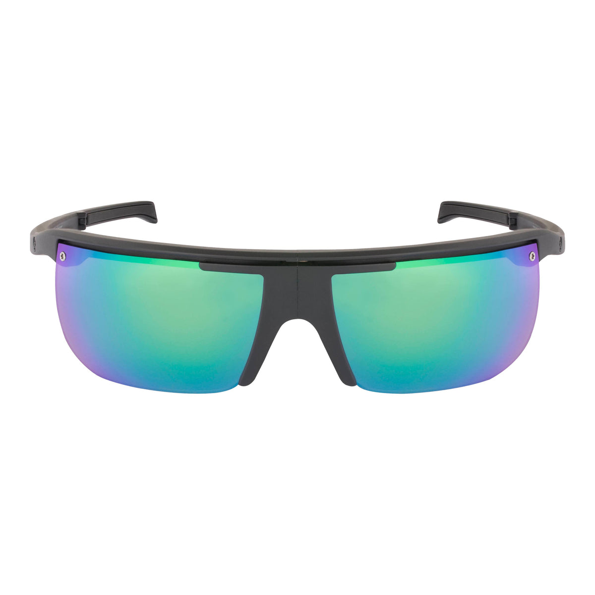 Popticals, Premium Compact Sunglasses, PopArt, 010031-BMEN, Polarized Sunglasses, Matte Black Frame, Gray Lenses with Green Mirror Finish, Front Tilt View, Small