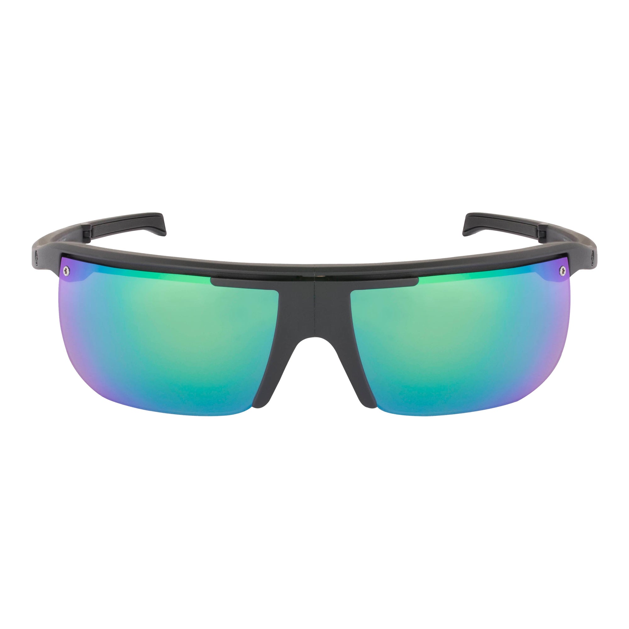 Popticals, Premium Compact Sunglasses, PopArt, 010030-BMEN, Polarized Sunglasses, Matte Black Frame, Gray Lenses with Green Mirror Finish, Glam View