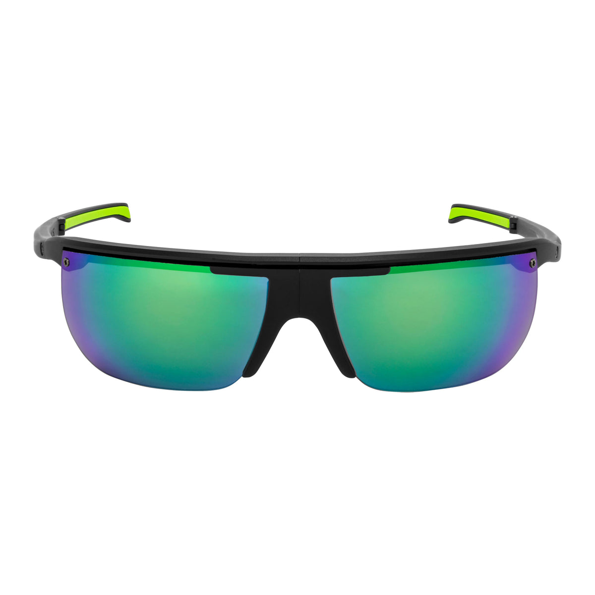 Popticals, Premium Compact Sunglasses, PopArt, 010030-BMEN, Polarized Sunglasses, Matte Black Frame, Gray Lenses with Green Mirror Finish, Front Tilt View
