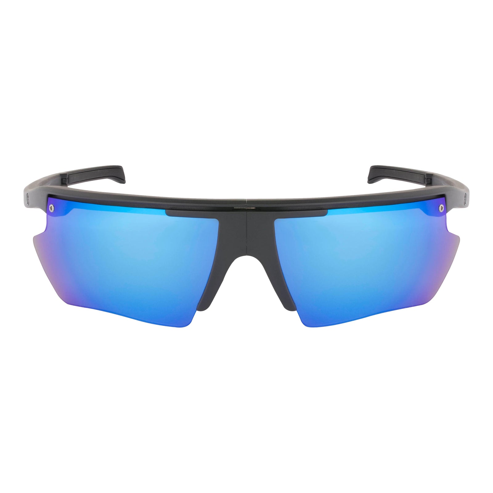 Popticals, Premium Compact Sunglasses, PopEdge, 010091-BMUN, Polarized Sunglasses, Matte Black Frame, Gray Lenses with Blue Mirror Finish, Front Tilt View