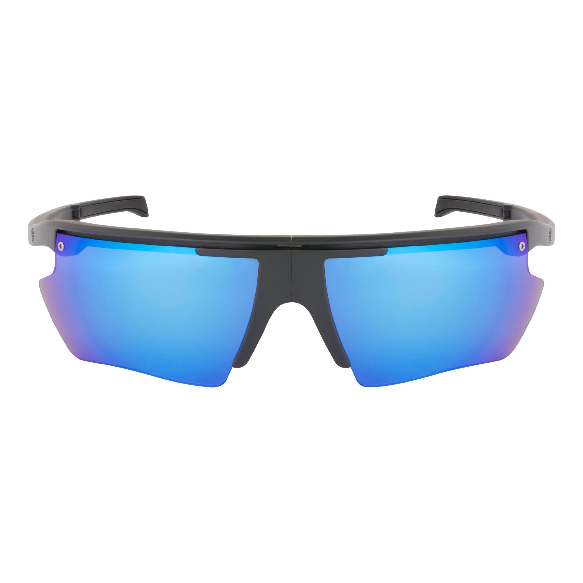 Popticals, Premium Compact Sunglasses, PopEdge, 010091-BMUN, Polarized Sunglasses, Matte Black Frame, Gray Lenses with Blue Mirror Finish, Front Tilt View