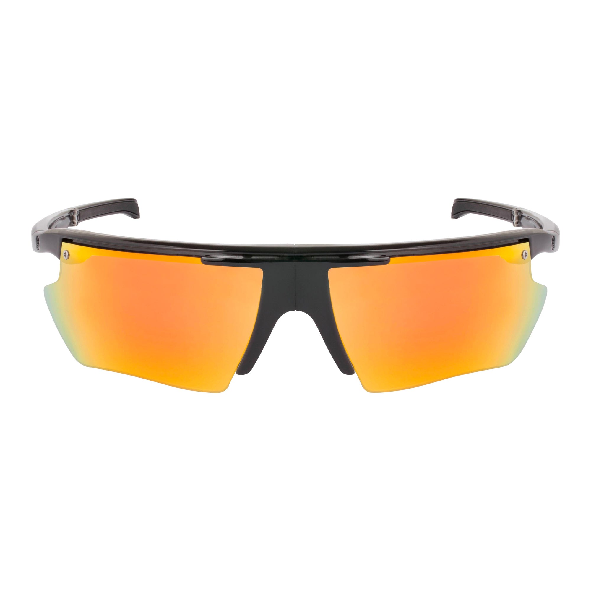 Popticals, Premium Compact Sunglasses, PopEdge, 040091-BLON, Polarized Sunglasses, Gloss Black over Crystal Frame, Gray Lenses with Orange Mirror Finish, Front Tilt View