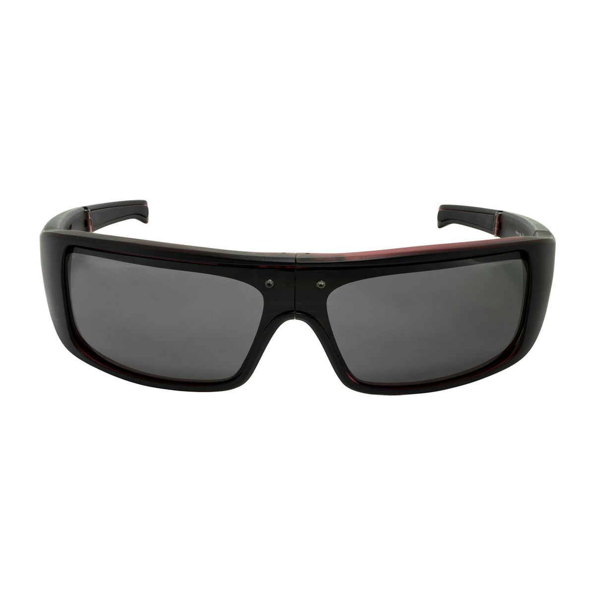Popticals, Premium Compact Sunglasses, PopGear, 030050-REGP, Polarized Sunglasses, Matte Red/Black Crystal Frame, Gray Lenses, Front Tilt View