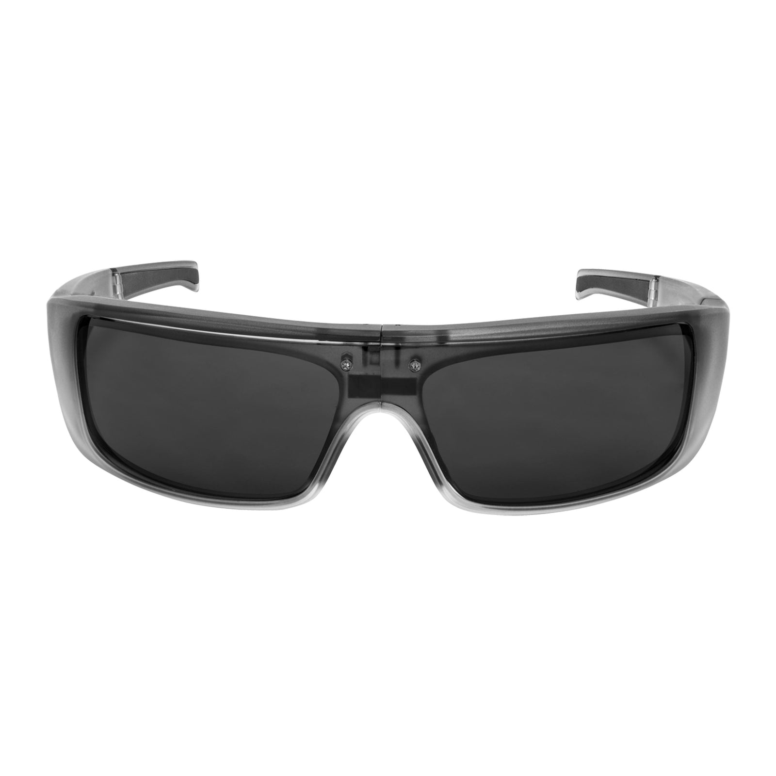 Polarized sunglasses with black lenses and matte smoke/clear crystal frame against a white backdrop