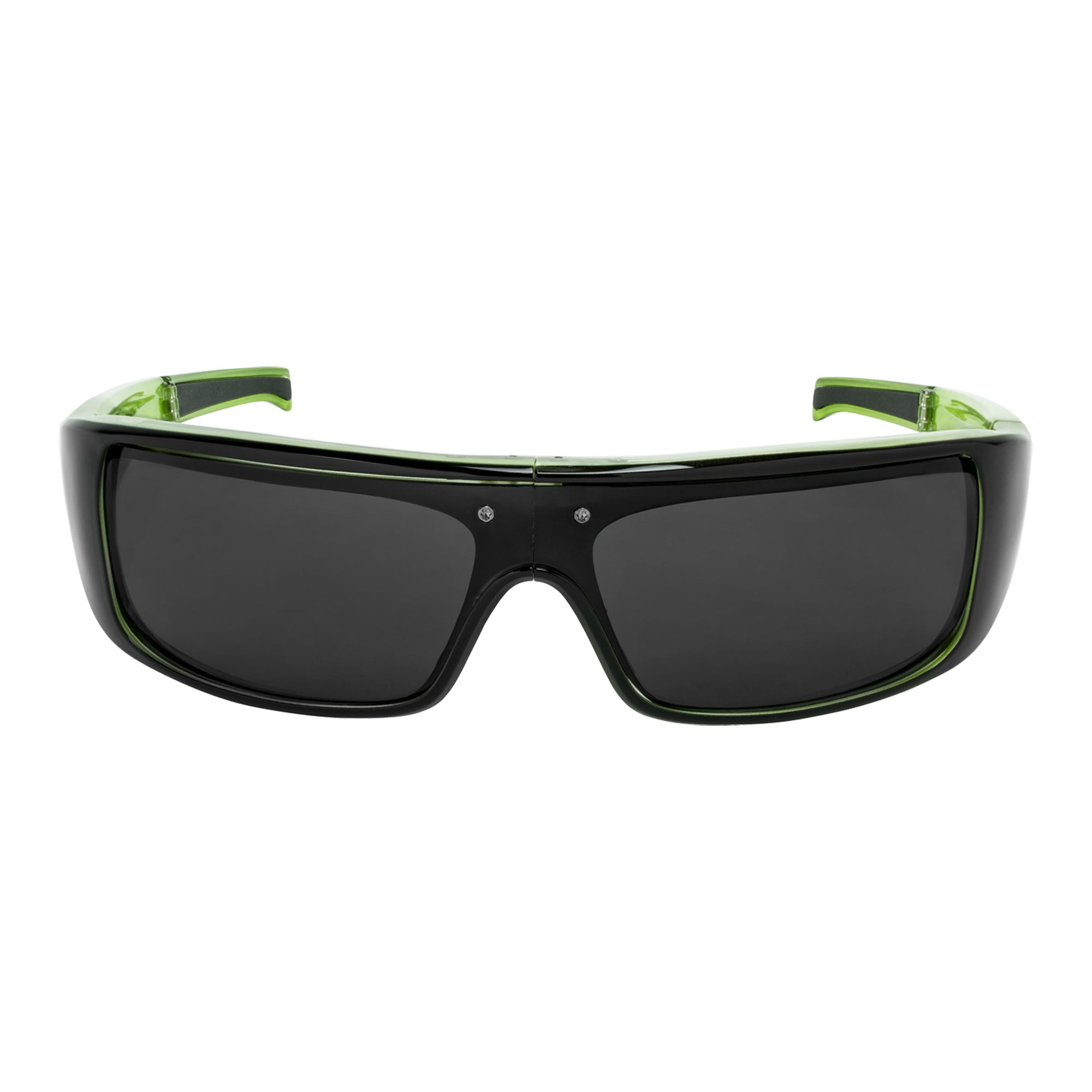 Popticals, Premium Compact Sunglasses, PopGear, 040050-GLGP, Polarized Sunglasses, Gloss Black over Green Crystal Frame , Gray Lenses, Front Tilt View