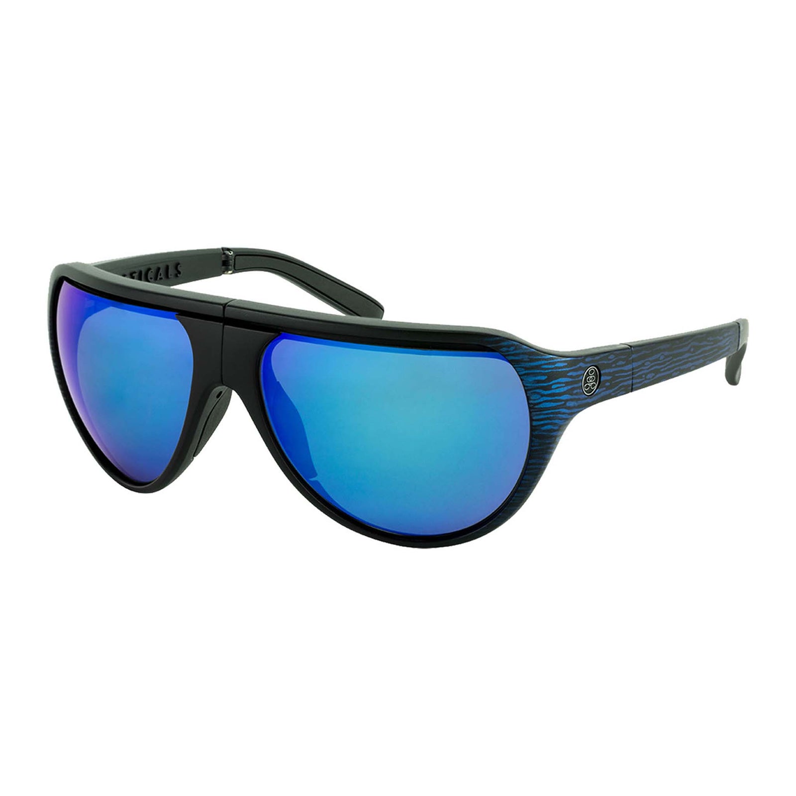 Popticals, Premium Compact Sunglasses, PopAir, 300010-EUUN, Polarized Sunglasses, Matte Blue/Black Wood Grain Frame, Blue Mirror Lenses, Glam View